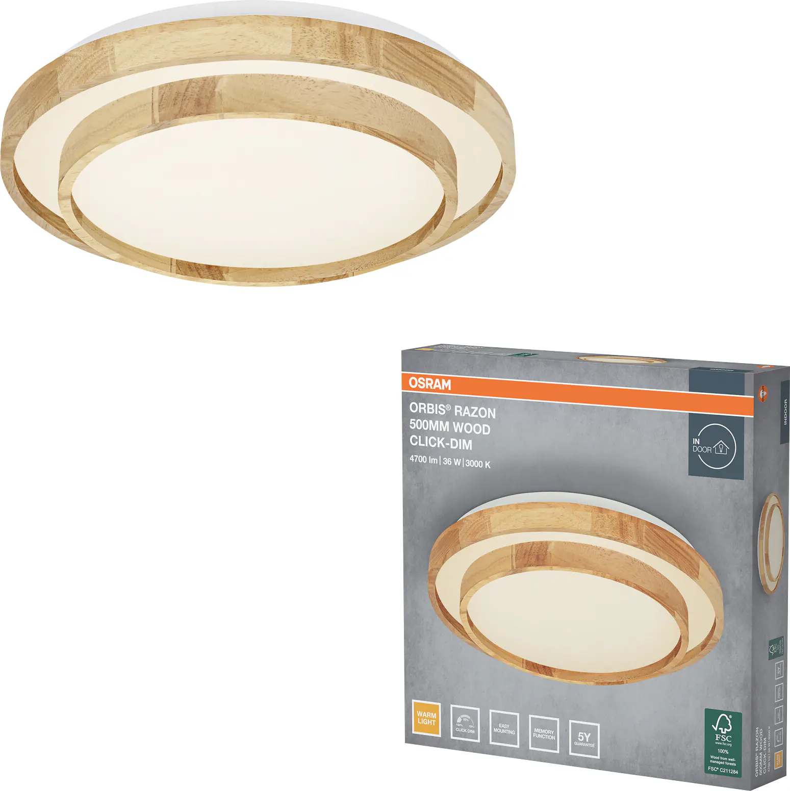 Osram LED-Deckenleuchte Orbis Razon Wood Ø 50 cm 36 W Holzdekor dimmbar