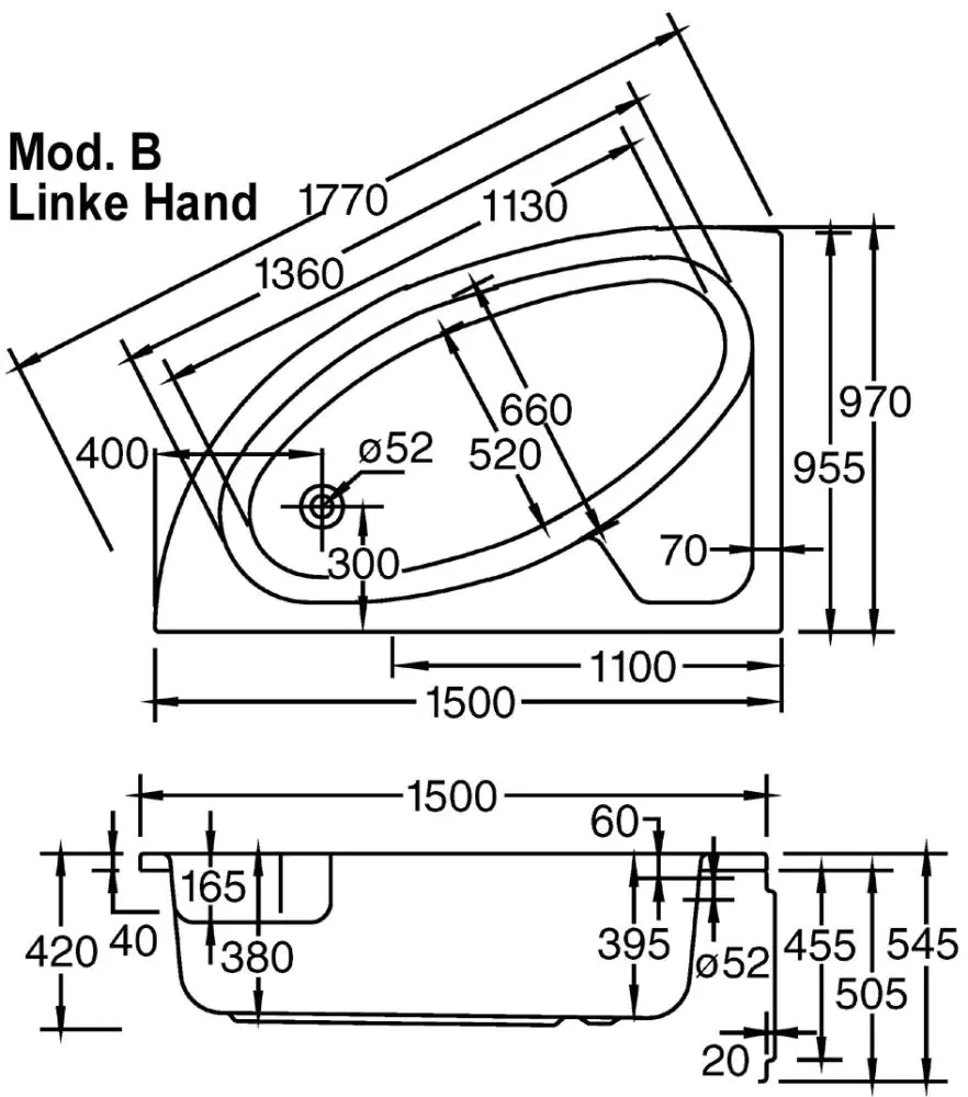 Ottofond Badewanne Salinas 150 x 97 cm, weiß, Modell B