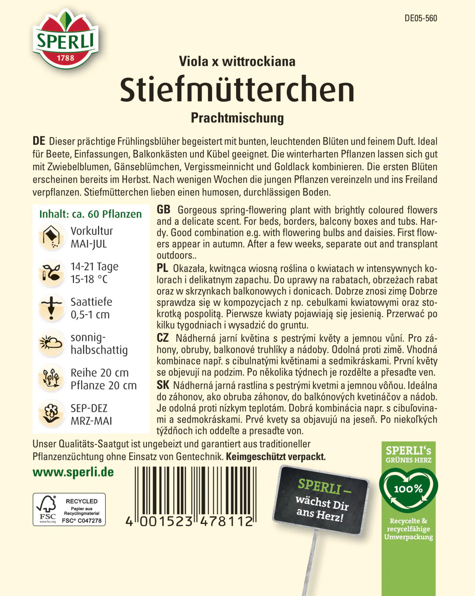 Sperli Saatgut Stiefmütterchen Prachtmischung für ca. 60 Pflanzen