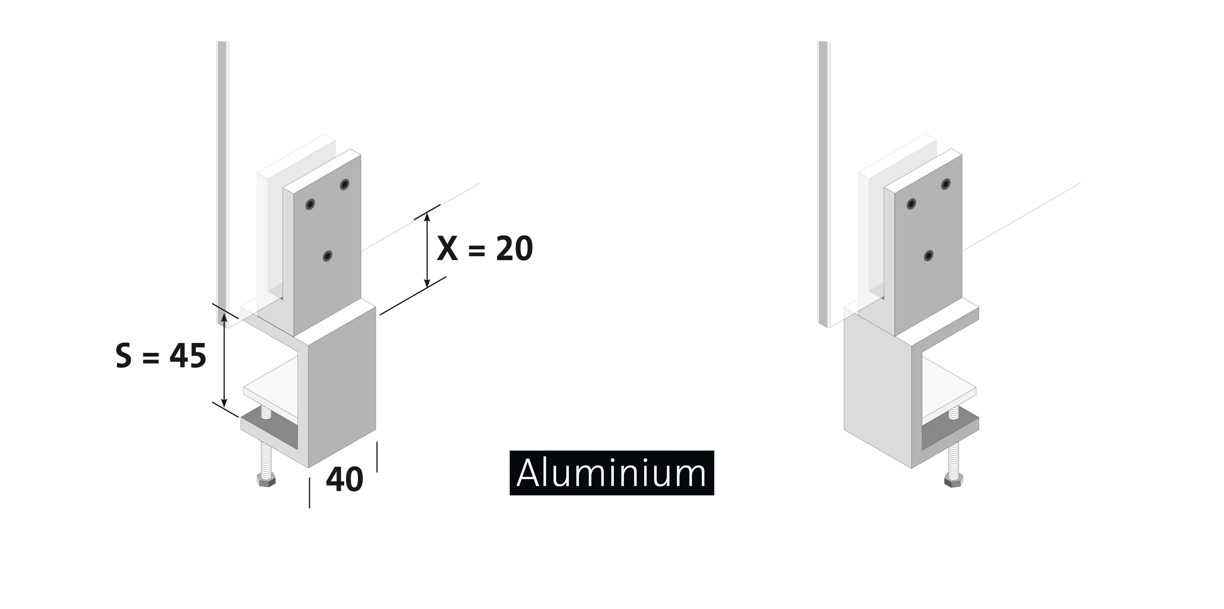 4250189089679 Klemmfuß inkl. Glashalter für 6 mm ESG-Glas Spannweite 45 mm, Eloxal silber