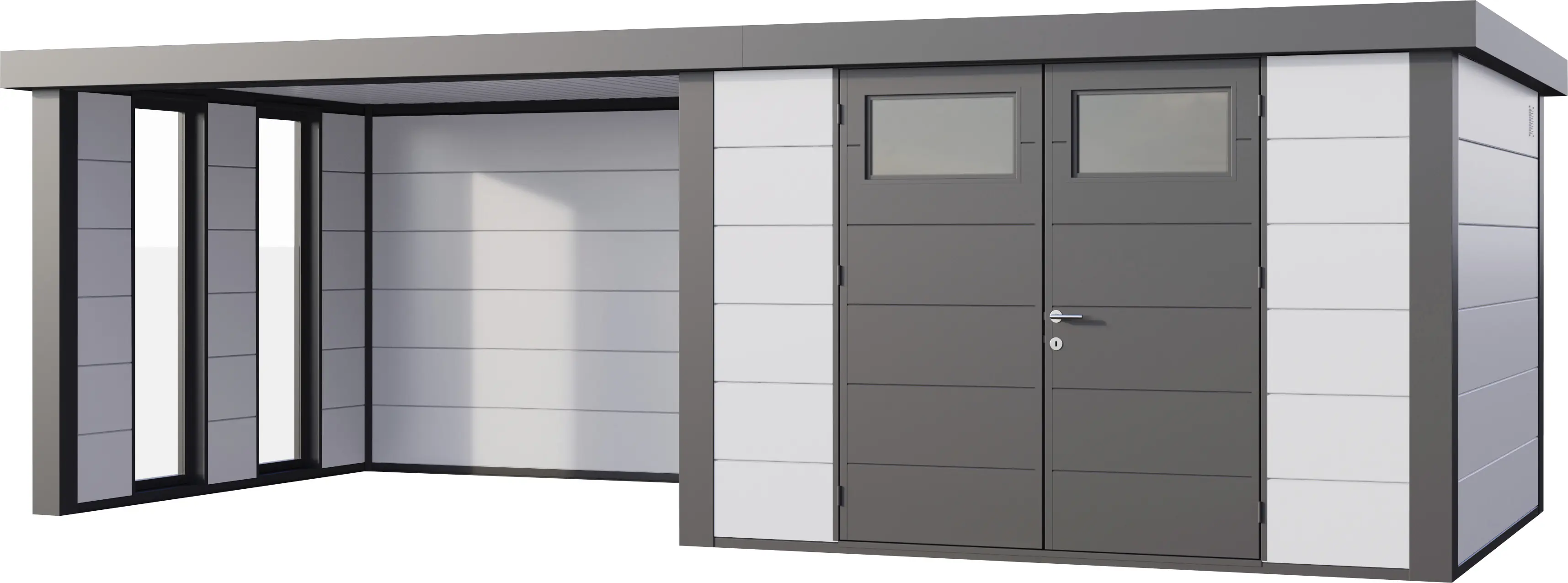 Telluria Gerätehaus Classico Lounge L mit Fenstern 3330 links weiß 672 x 298 cm