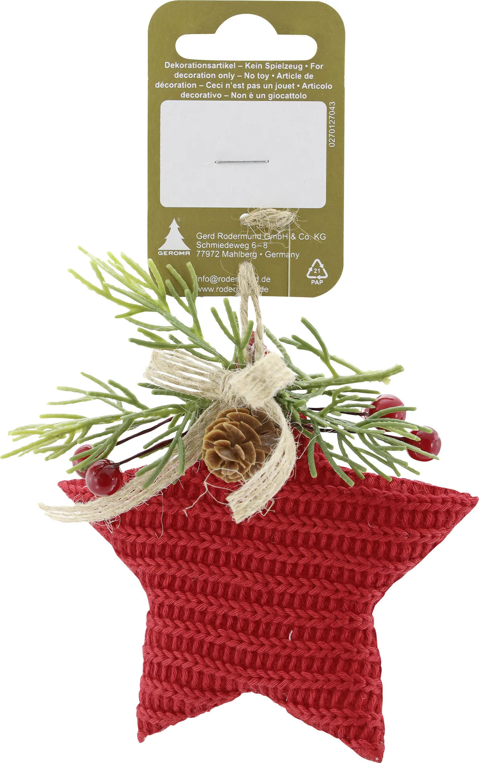 Weihnachtsanhänger Stern aus Strick 10 x 9,5 cm rot