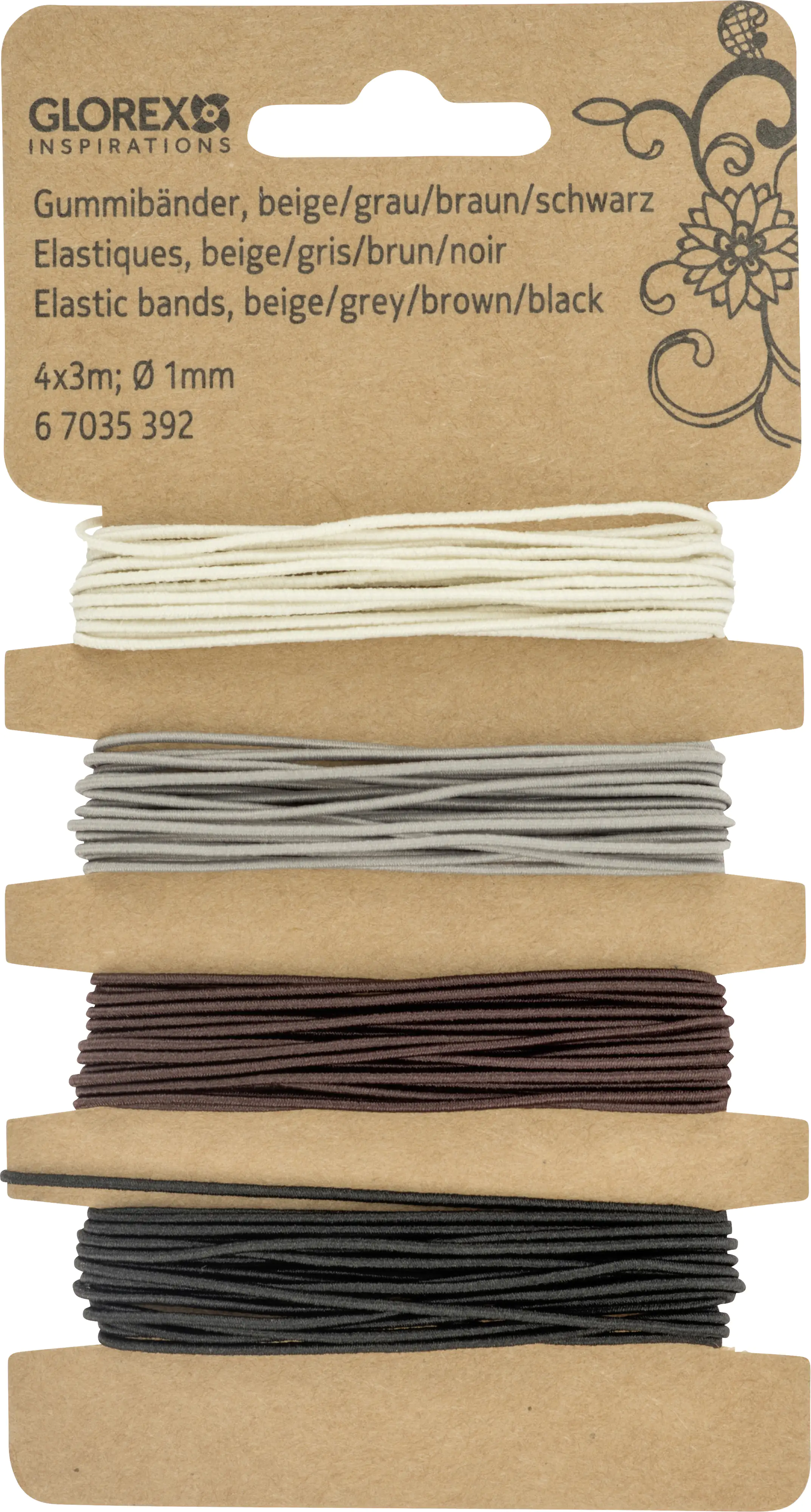 Glorex Gummibänder beige/grau/braun/schwarz 4 x 3 m, Ø 1 mm