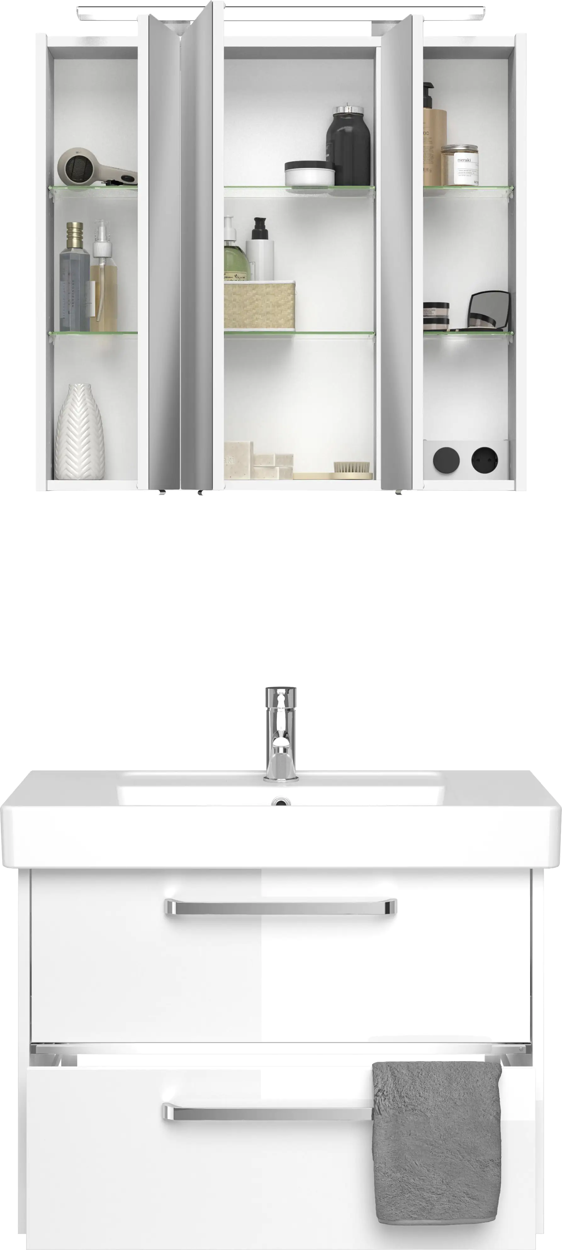 4017026109446_2504713 Primaster Badmöbel-Set Berlin weiß 80 cm LED-Leuchten, Keramikwaschtisch