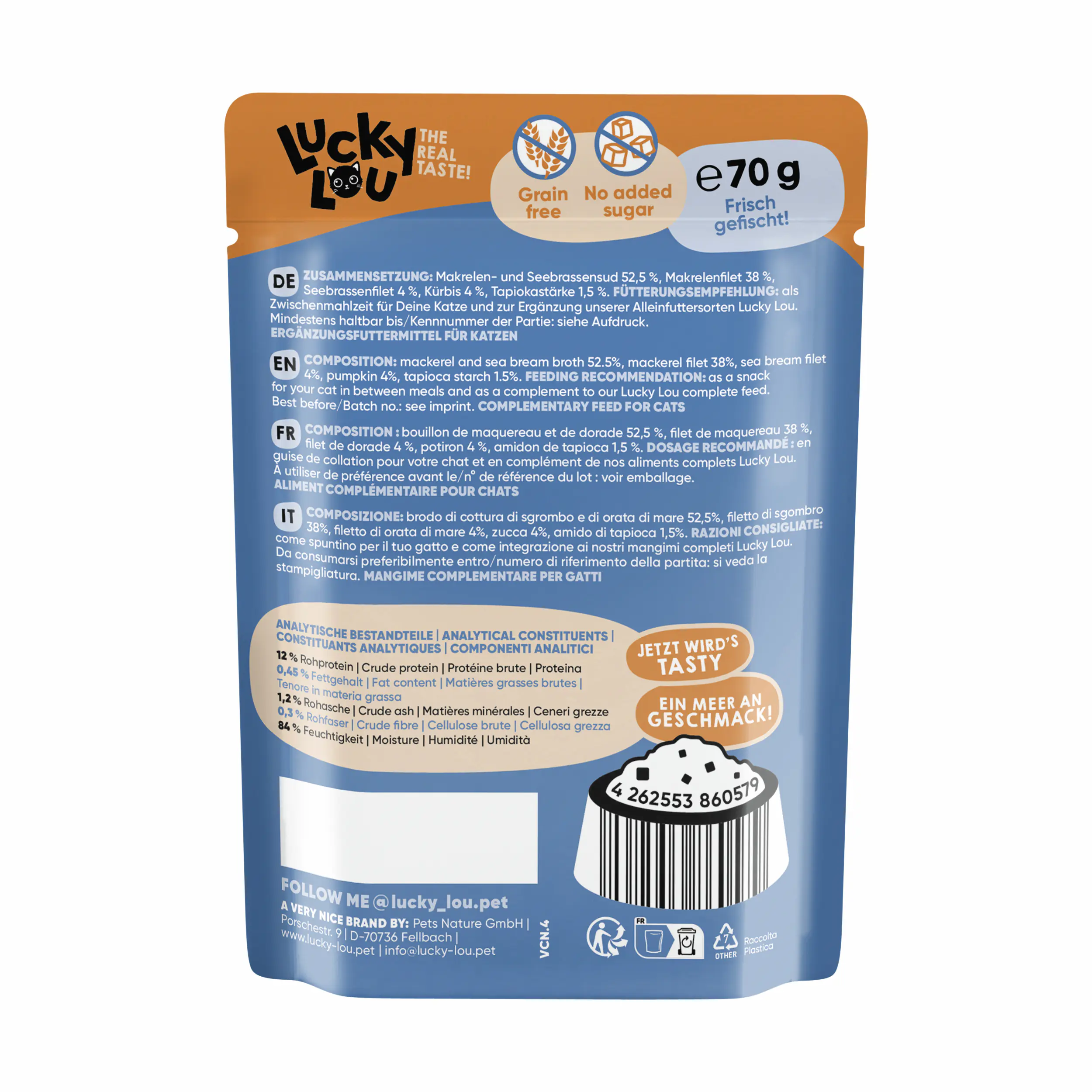 Lucky Lou Extrafood Katzennassfutter Adult getreidefrei 70 g Makrele & Seebrasse in Sud
