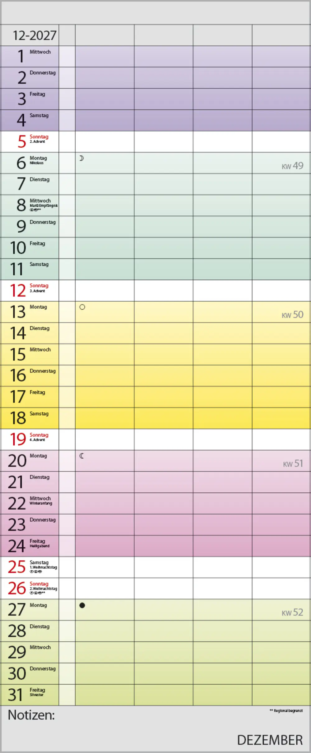 Korsch Kalender Familienplaner 2027 Farbenspiel 19 x 46 cm