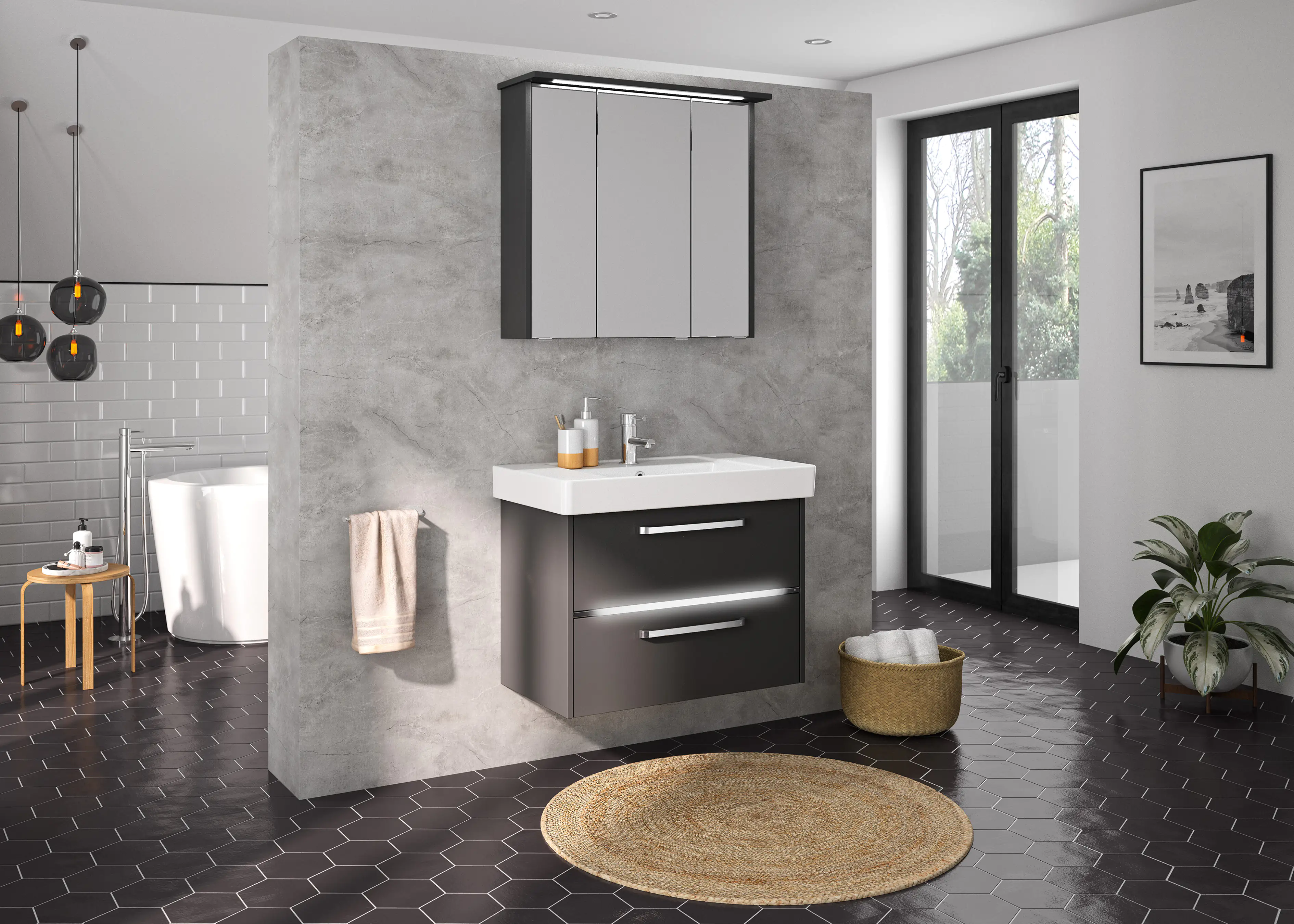 Primaster Badmöbel-Set Berlin grau 80 cm Twin LED, Keramikwaschtisch