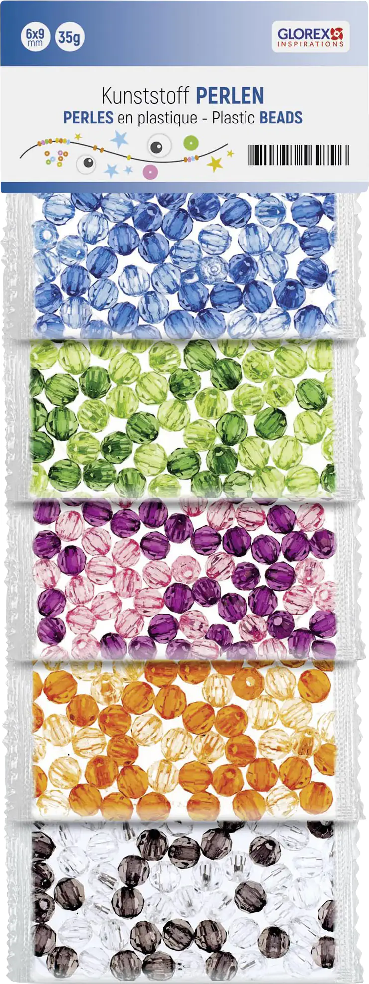 Glorex Kunststoff Perlen transparent 50 g, bunt, 6mm