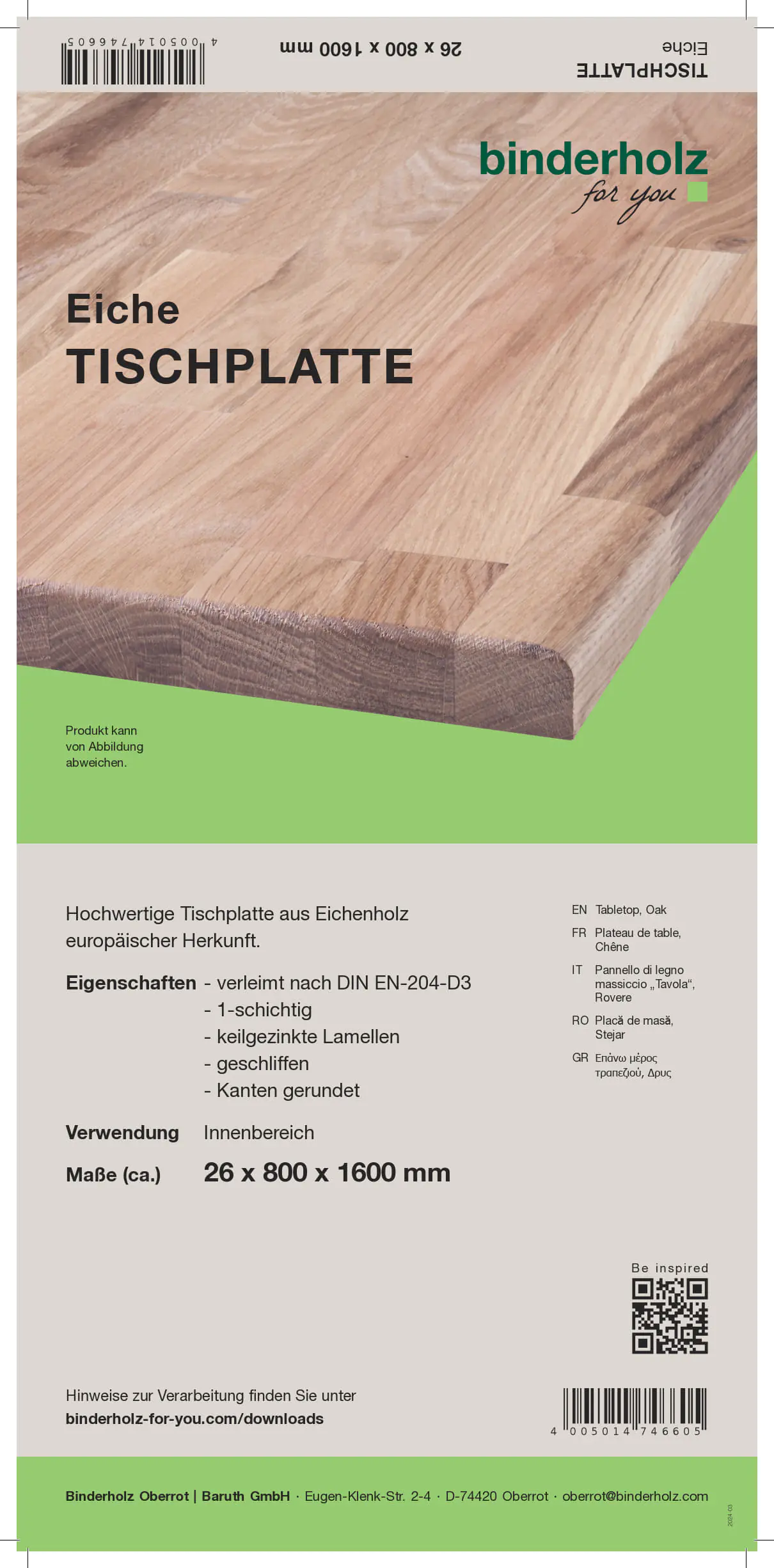Tischplatte Eiche ungeölt 160 x 80 cm, 26 mm, Oberfläche geschliffen Tischplatte Eiche ungeölt 160 x 80 cm, 26 mm, Oberfläche geschliffen