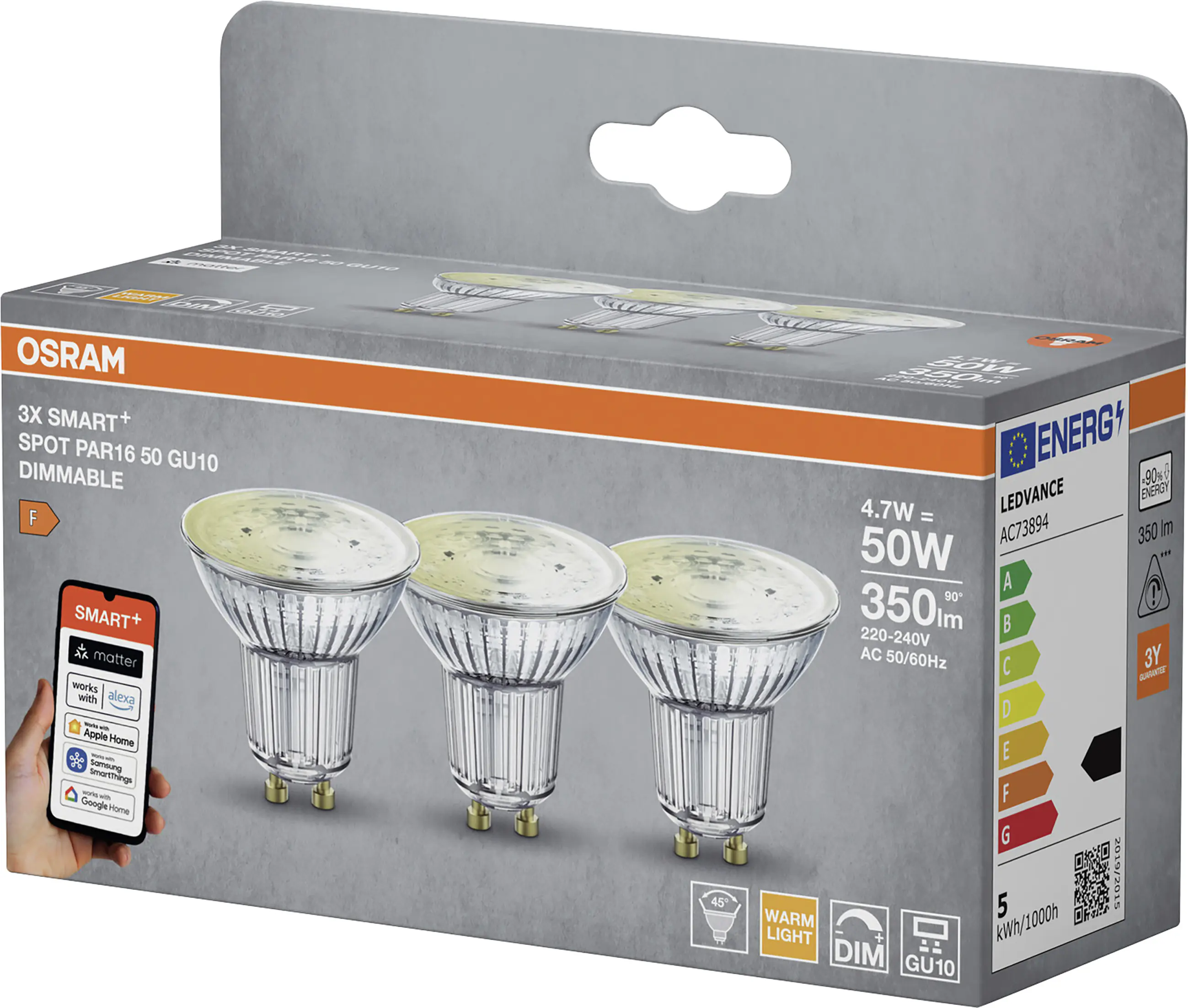 Ledvance LED Leuchtmittel Smart PAR16 GU10 4,7 W warmweiß dimmbar 3er Pack
