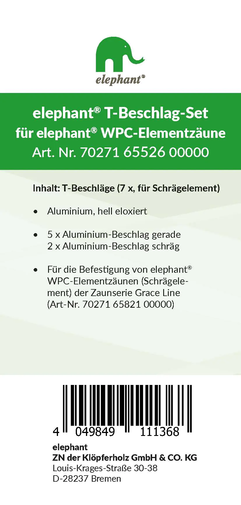 elephant T-Beschlagset Grace Line Grund-/Schmalelement eloxiert 7 Stück
