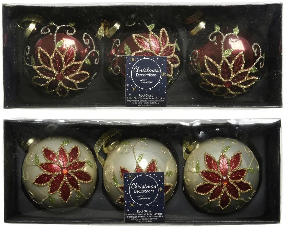 Kaemingk Weihnachtskugel aus Glas Ø 8 cm - 3 Stück verschiedene Farben