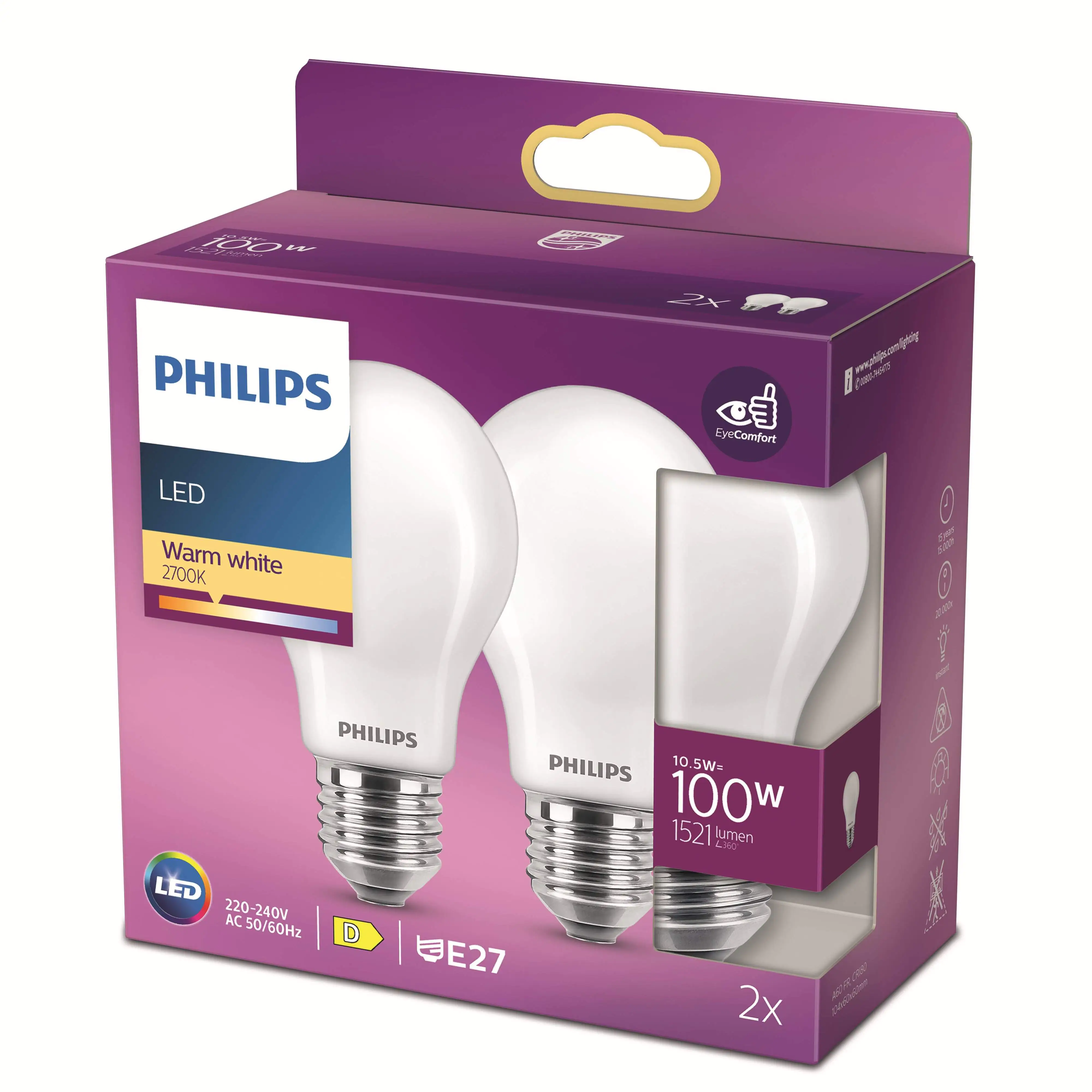 Philips LED-Leuchtmittel Birnenform A60 E27 10,5W warmweiß 2er Pack