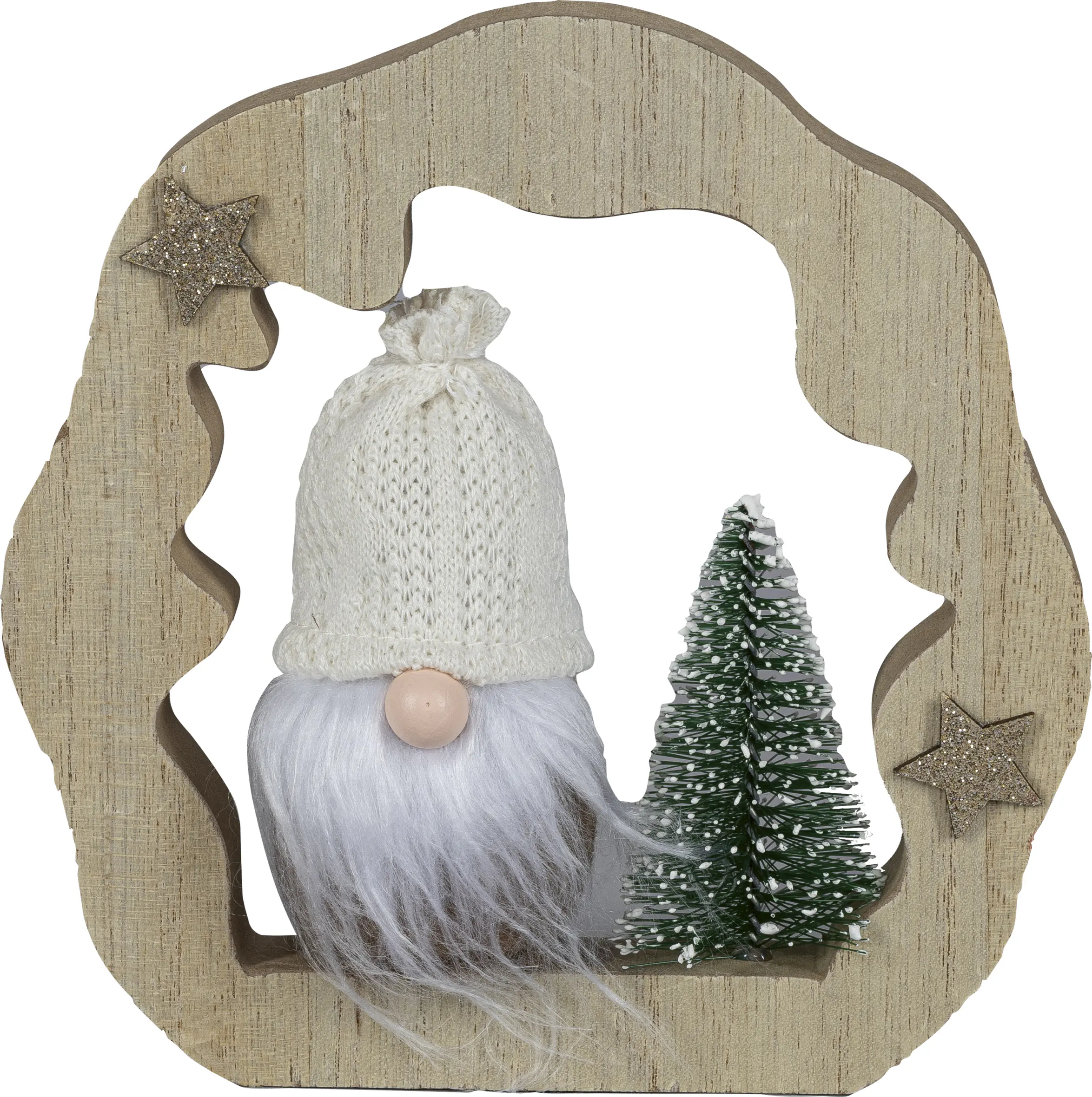 HGD Weihnachtsdeko Wichtel mit Tannenbaum Holz 14 x 15,5 cm natur/weiß