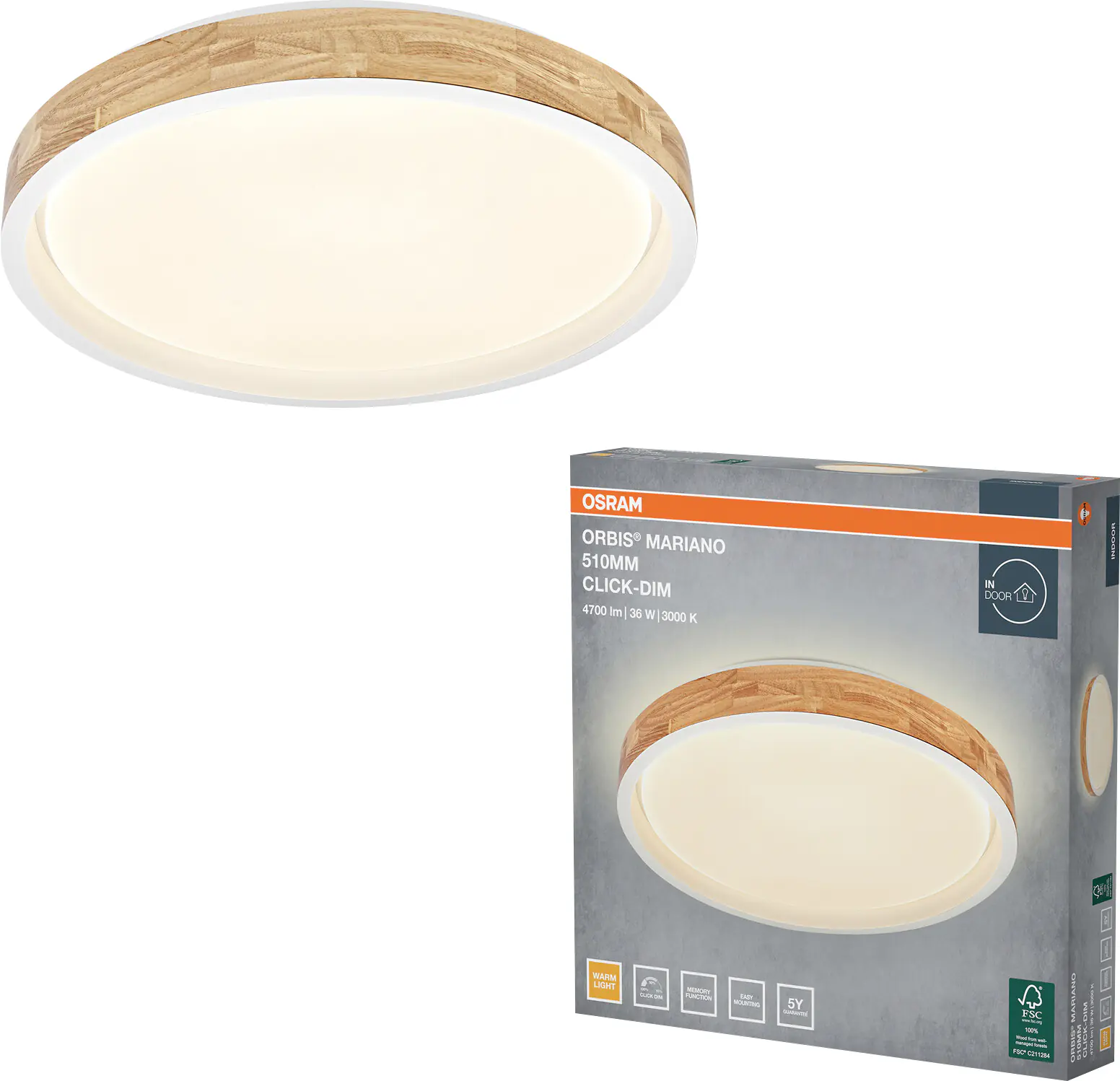 Osram LED-Deckenleuchte Orbis Mariano Ø51 cm 36 W Holzdekor weiß dimmbar