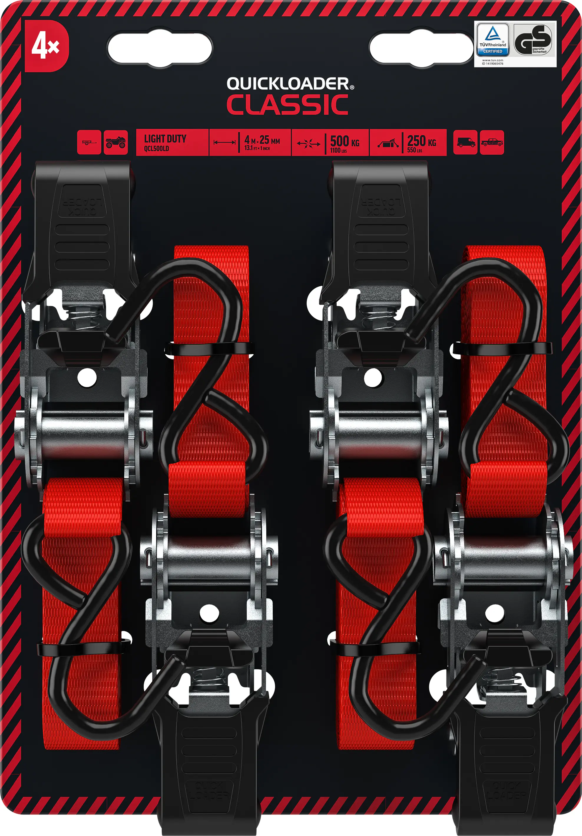 QUICKLOADER® Spanngurt 25 mm x 4 m 4 Stück rot