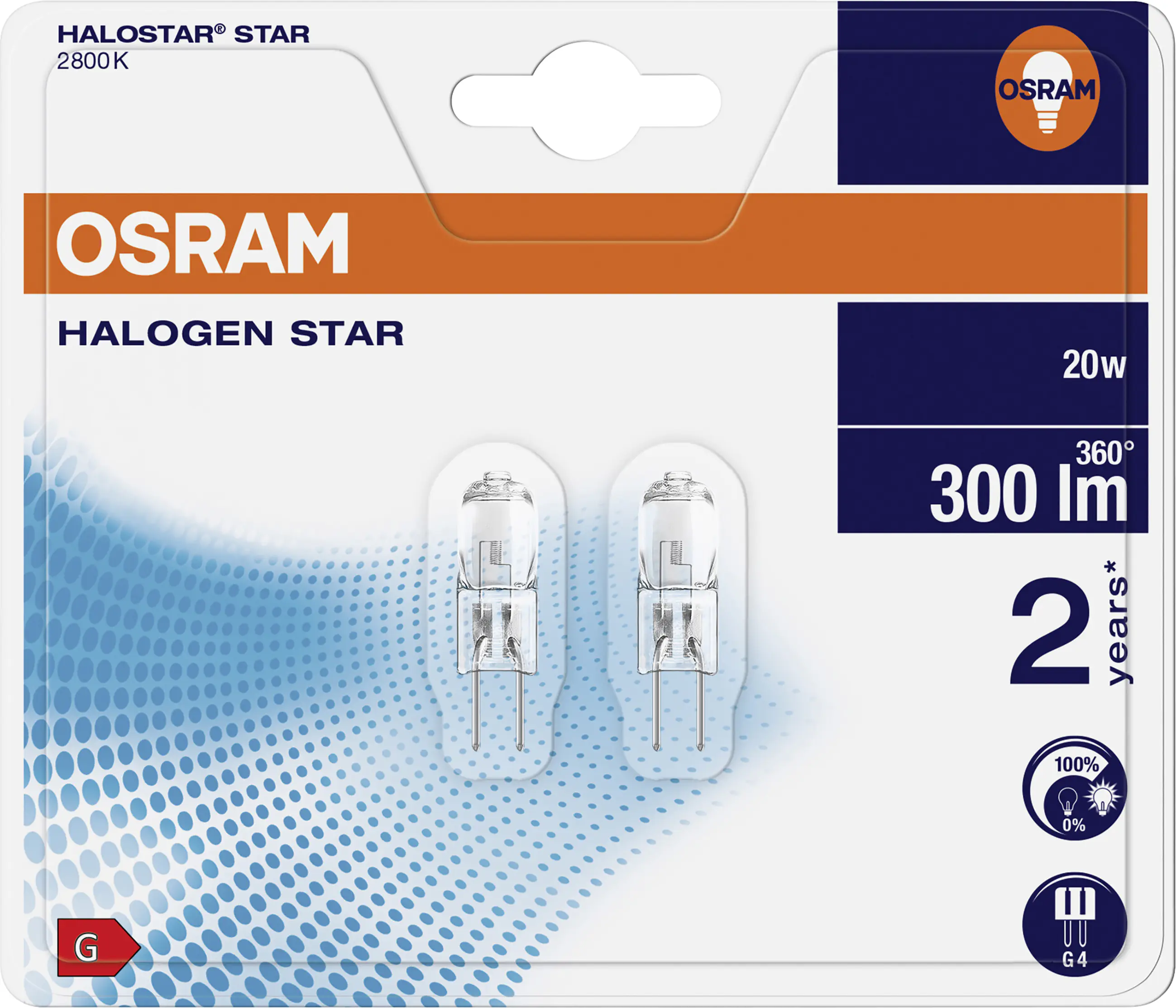 Osram Halogen Sockellampe Halostar G4 20W 2er-Pack warmweiß, dimmbar, klar