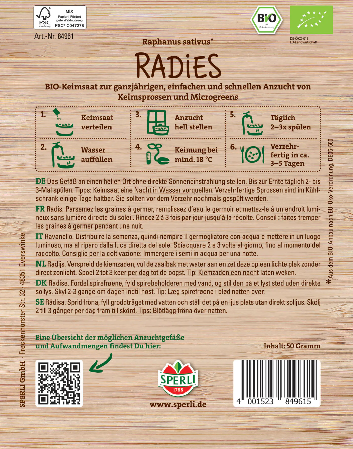 Sperli BIO Keimsprossen-Saat Radies