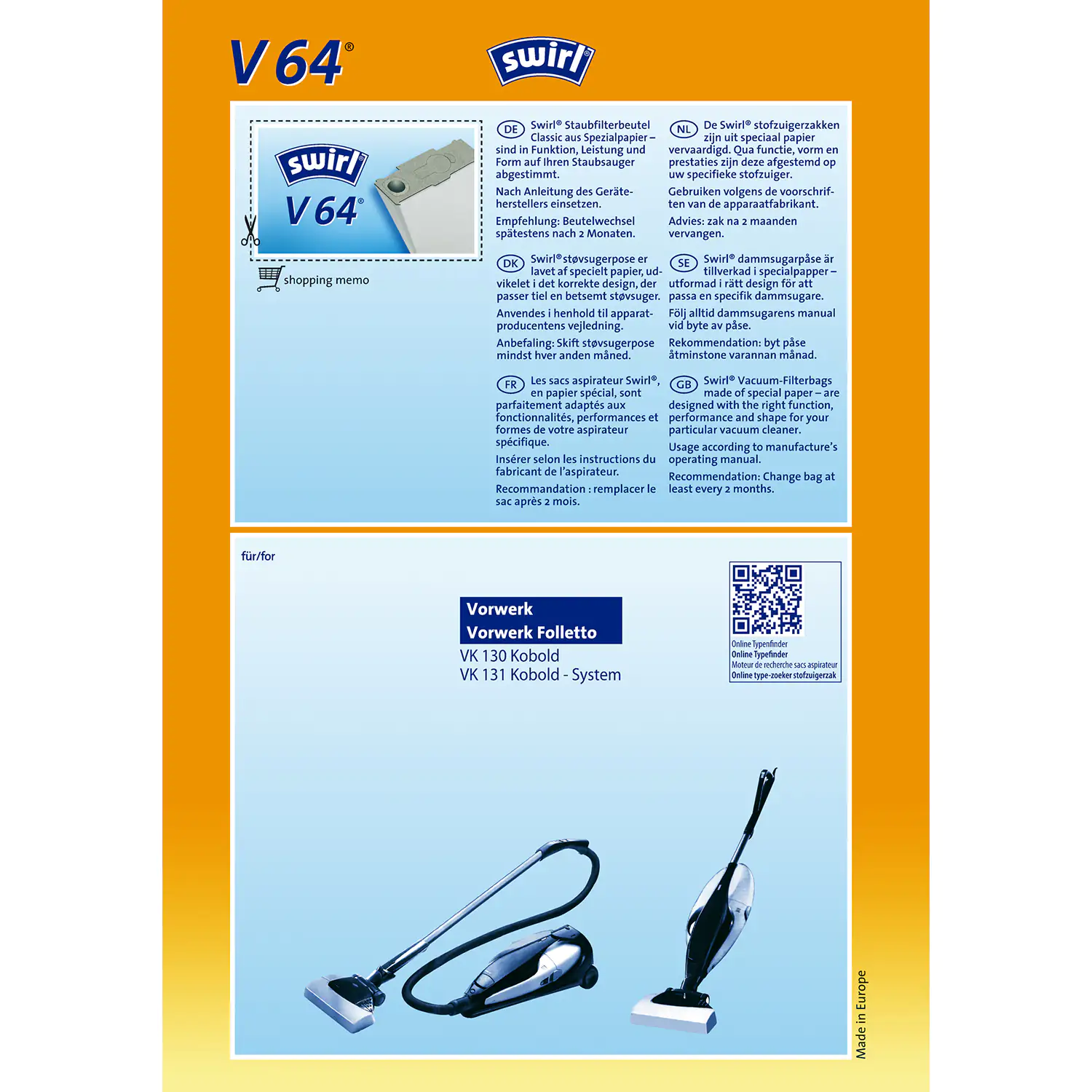 Swirl V 64 Spezialpapier Staubsaugerbeutel 4 Staubbeutel