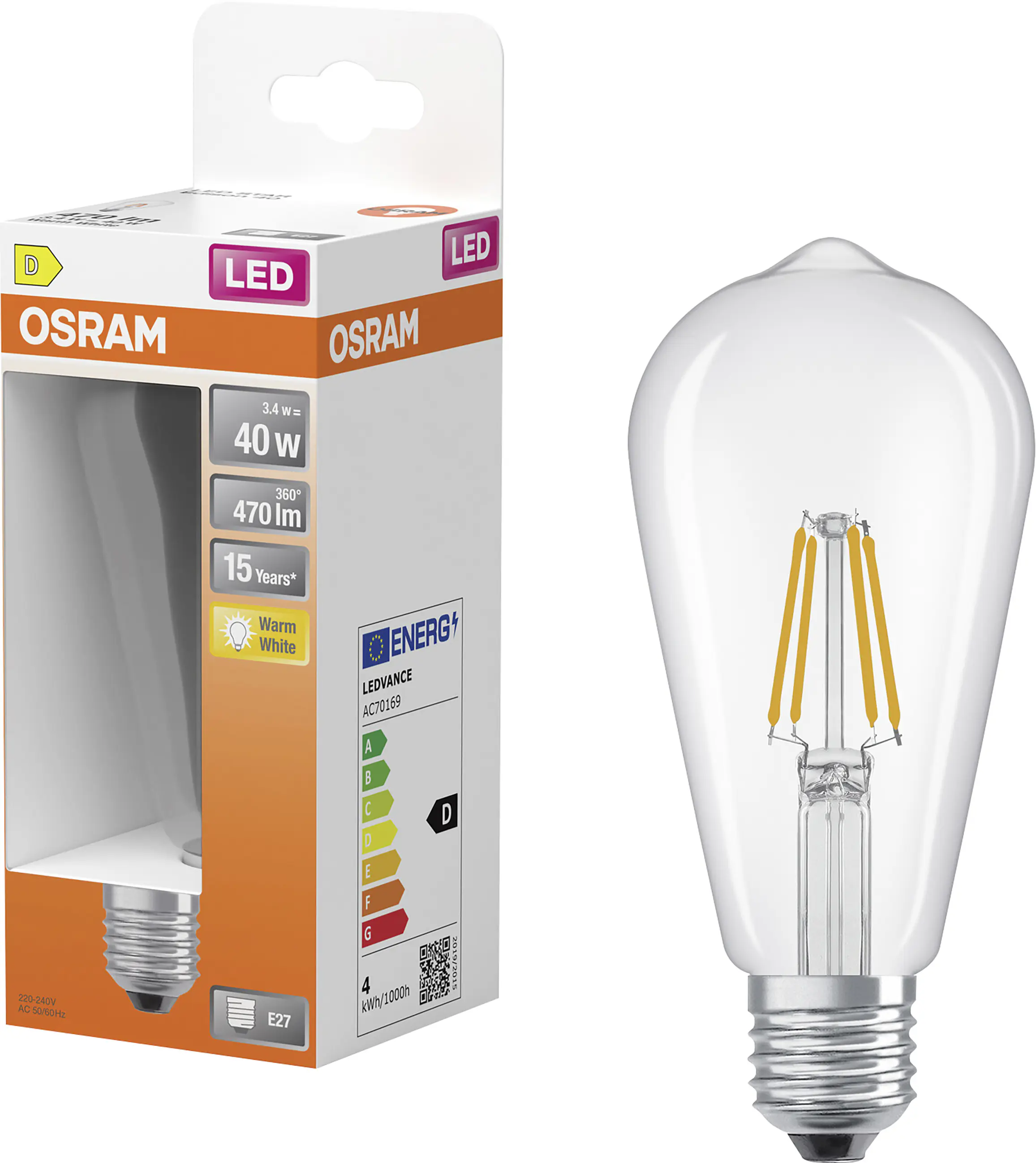 Osram LED Leuchtmittel E27 Star Classic Edison 3,4W klar warmweiß