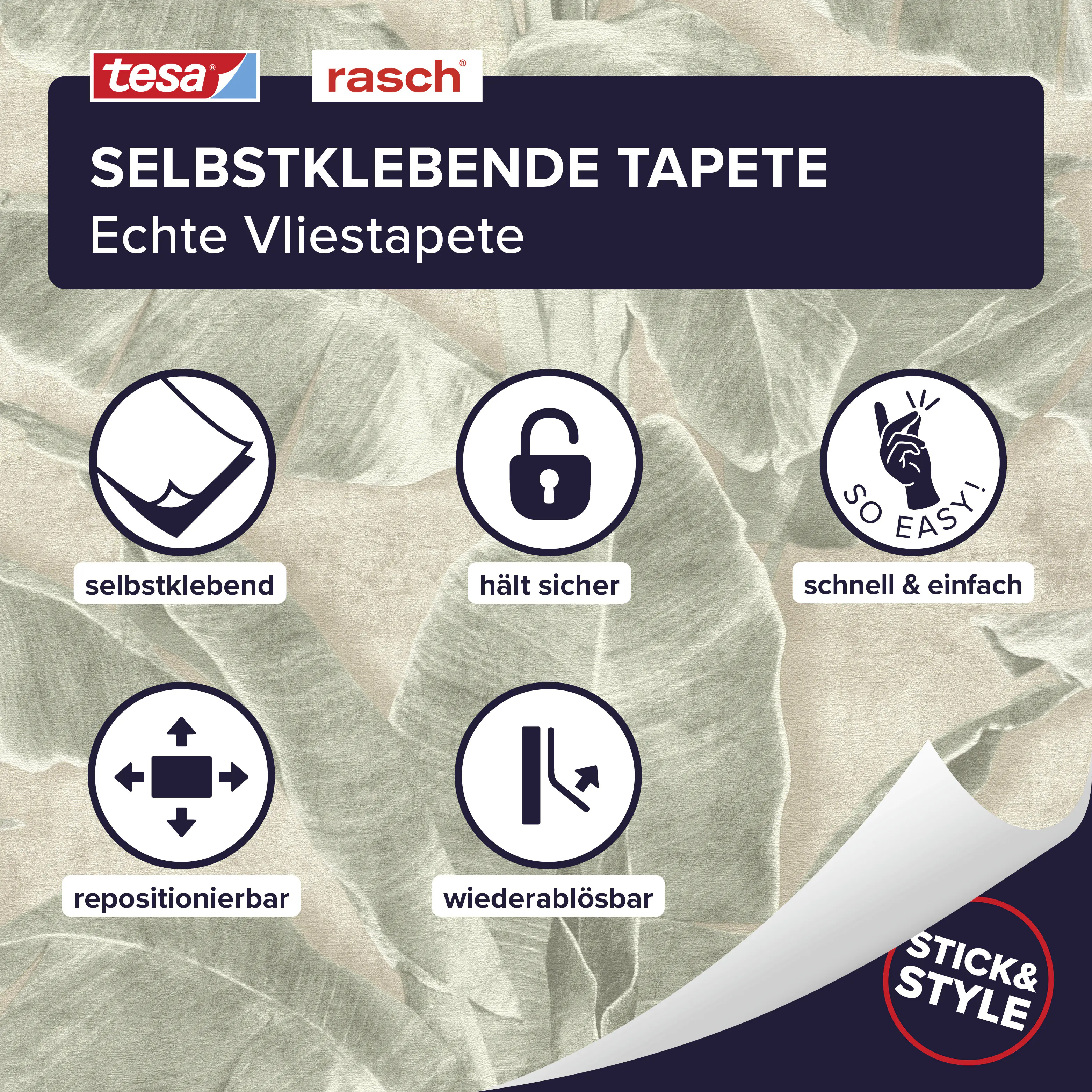 Tesa x Rasch selbstklebende Tapete Cuba Blatt grün beige 6 x 0,53 m