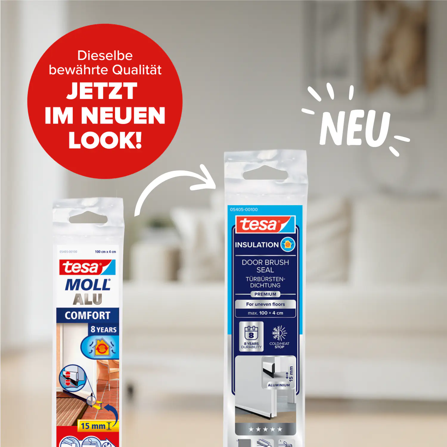 tesa Moll Türdichtschiene weiß, für unebene Böden, für Spalten bis 15 mm
