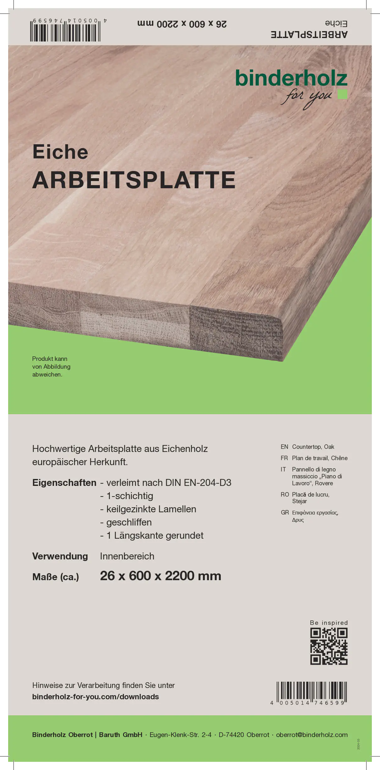 Arbeitsplatte Eiche ungeölt Oberfläche geschliffen 220 x 60 cm, 26 mm