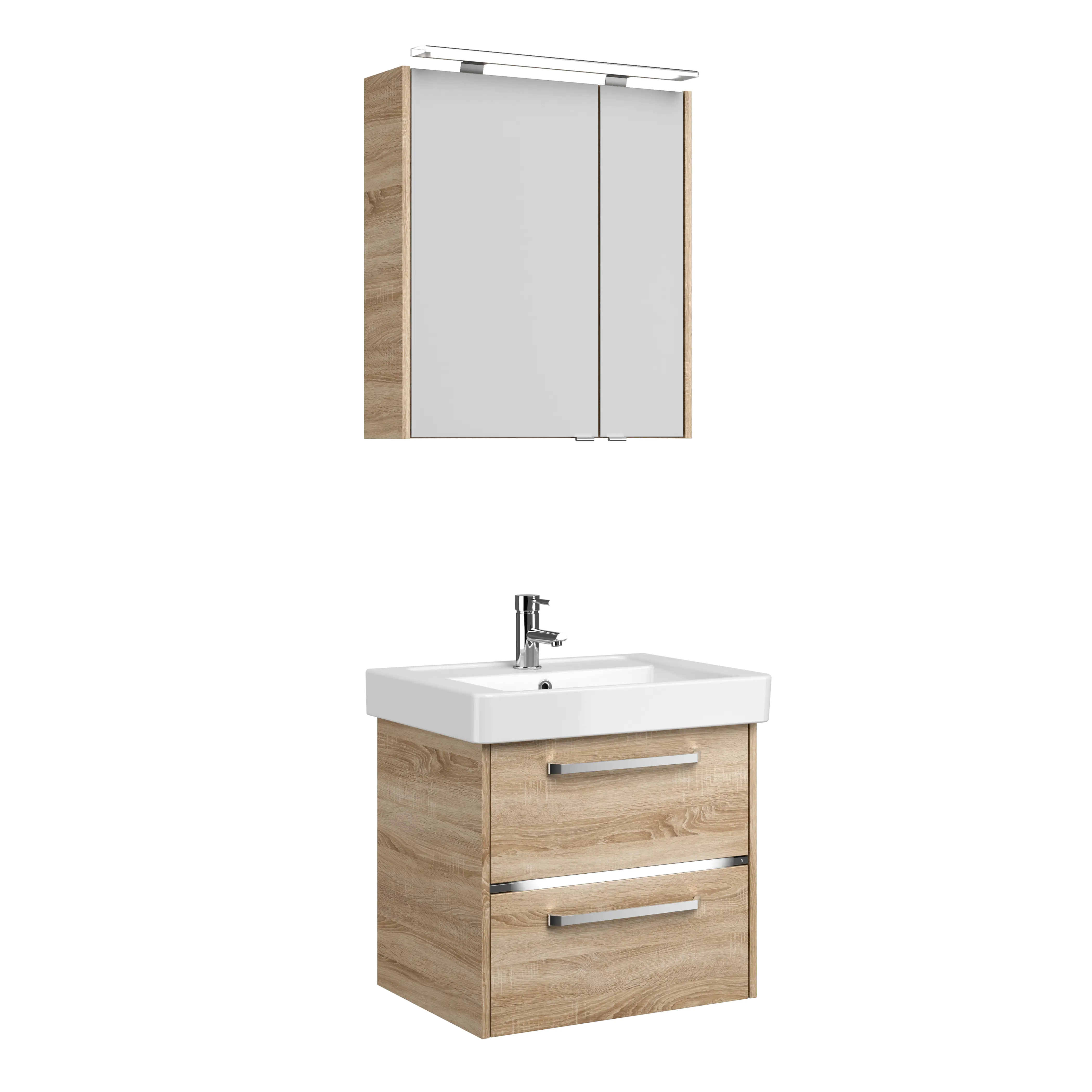 Primaster Badmöbelset Berlin eiche 65 cm LED-Leuchten, Keramikwaschtisch