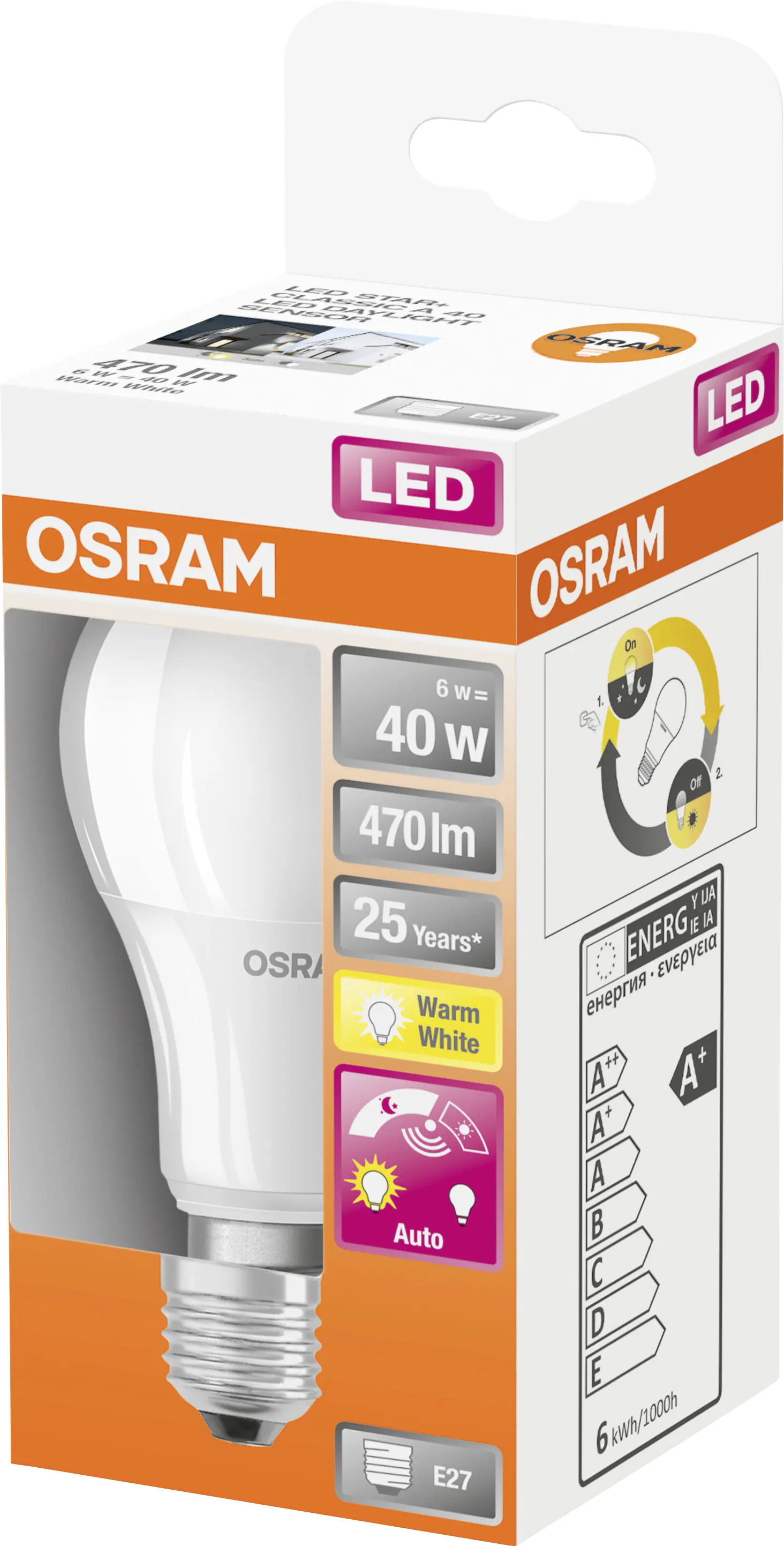 Osram LED Leuchtmittel Sensor Classic A 40 E27 4,9 W warmweiß, weiß matt