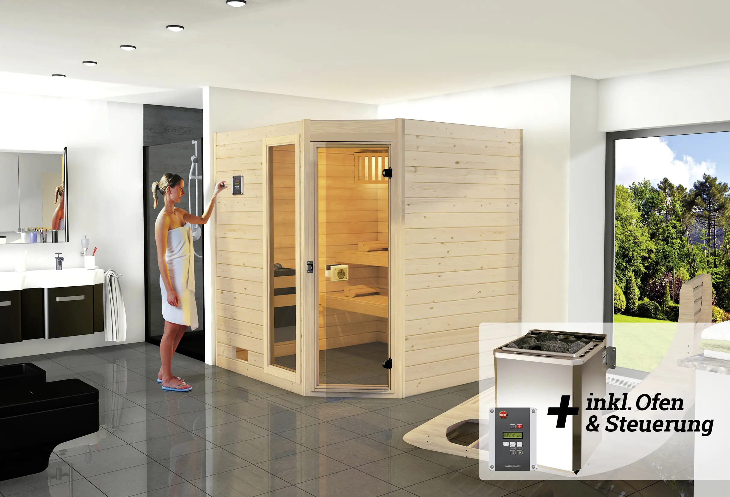 Weka Massivholz-Sauna Valida Eck 1.8 7,5 kW BioS Weka Massivholz-Sauna Valida Eck 1.8 7,5 kW BioS