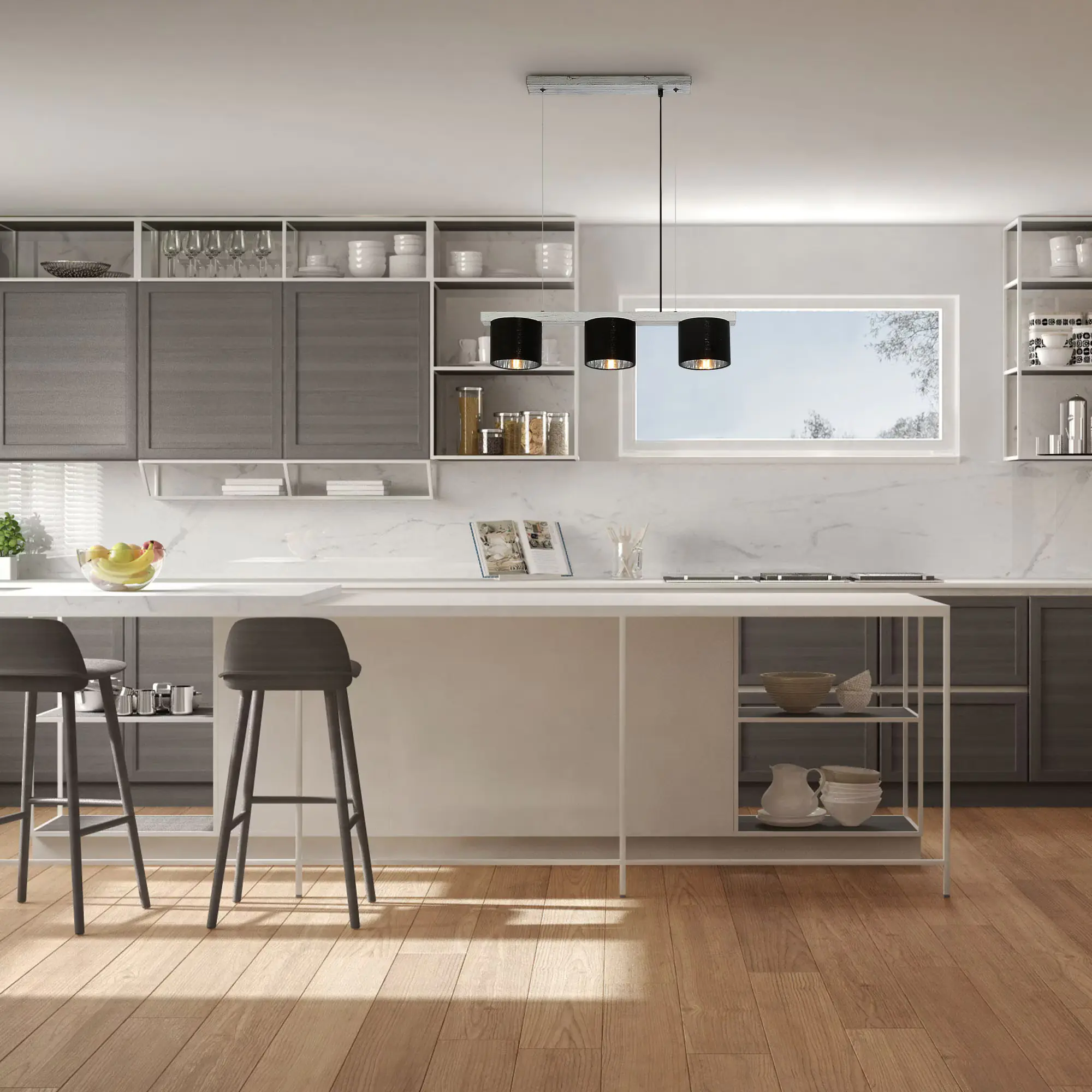 Briloner Pendelleuchte LURI antik-silber Stoff 3xE14 exklusive