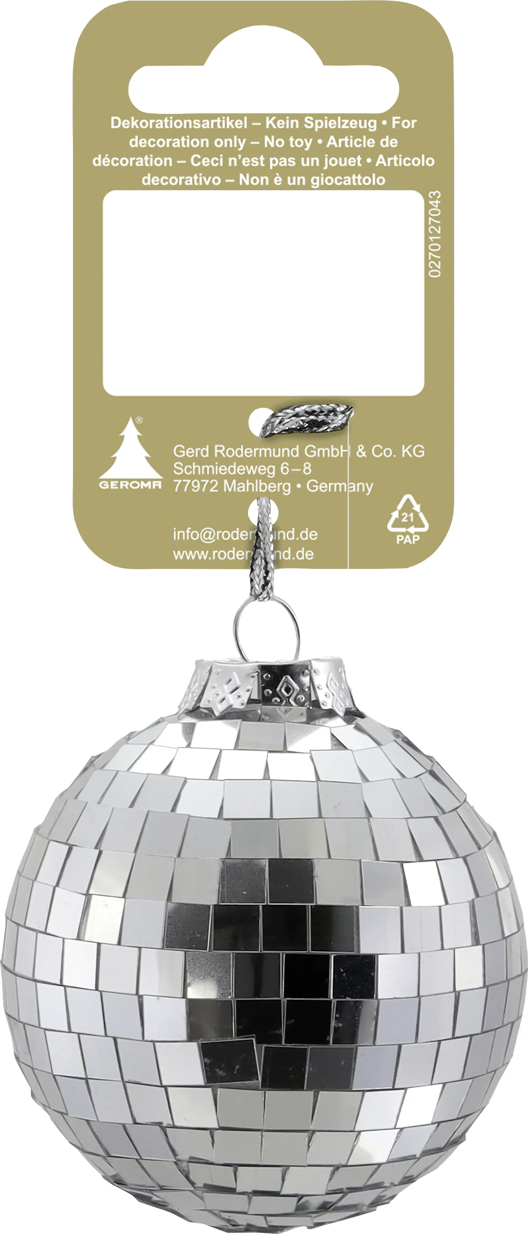 Weihnachtsanhänger Discokugel aus Kunststoff 6 cm silber