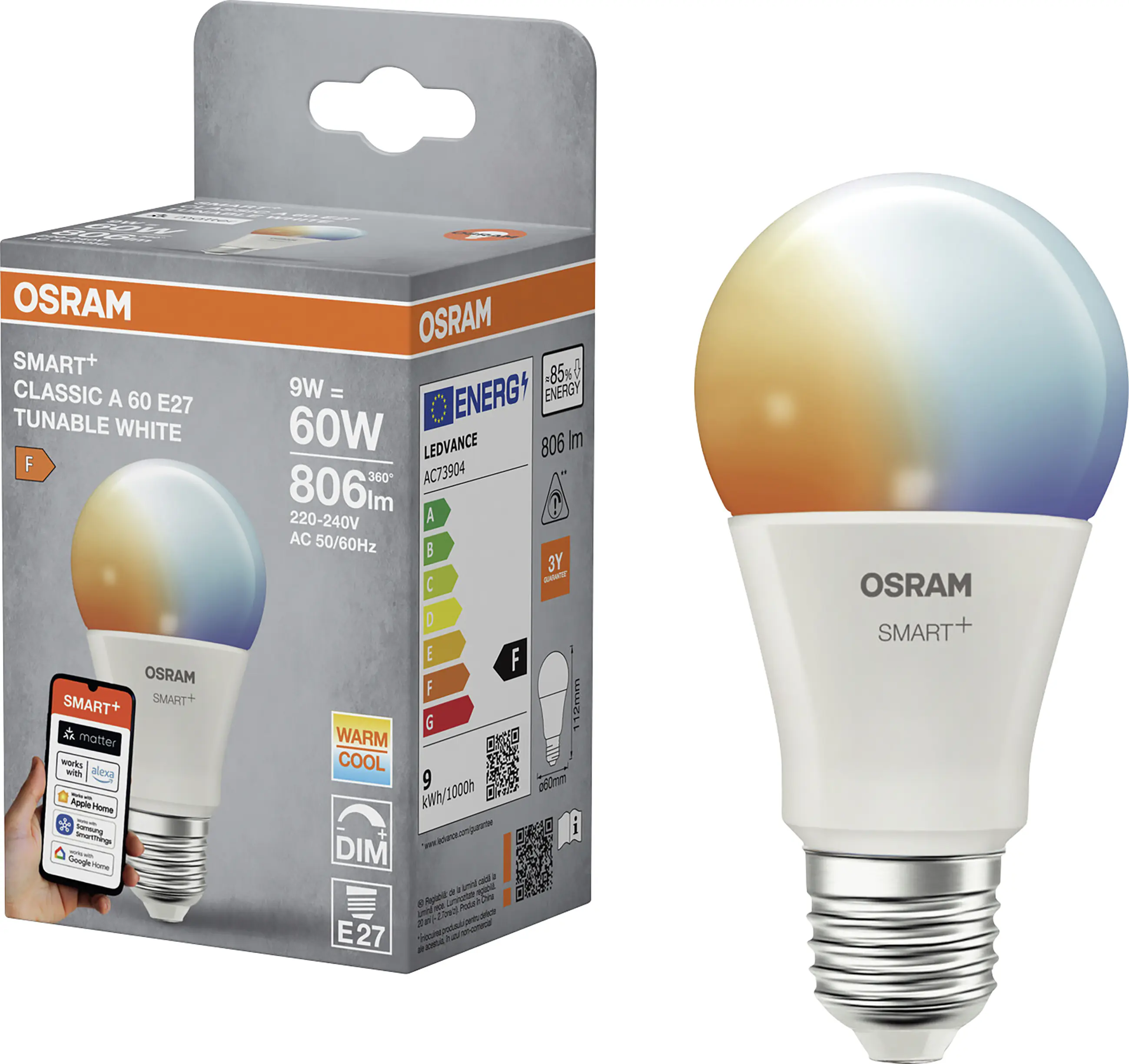 Osram SMART+ Matter Leuchtmittel E27 Classic 9W matt CCT