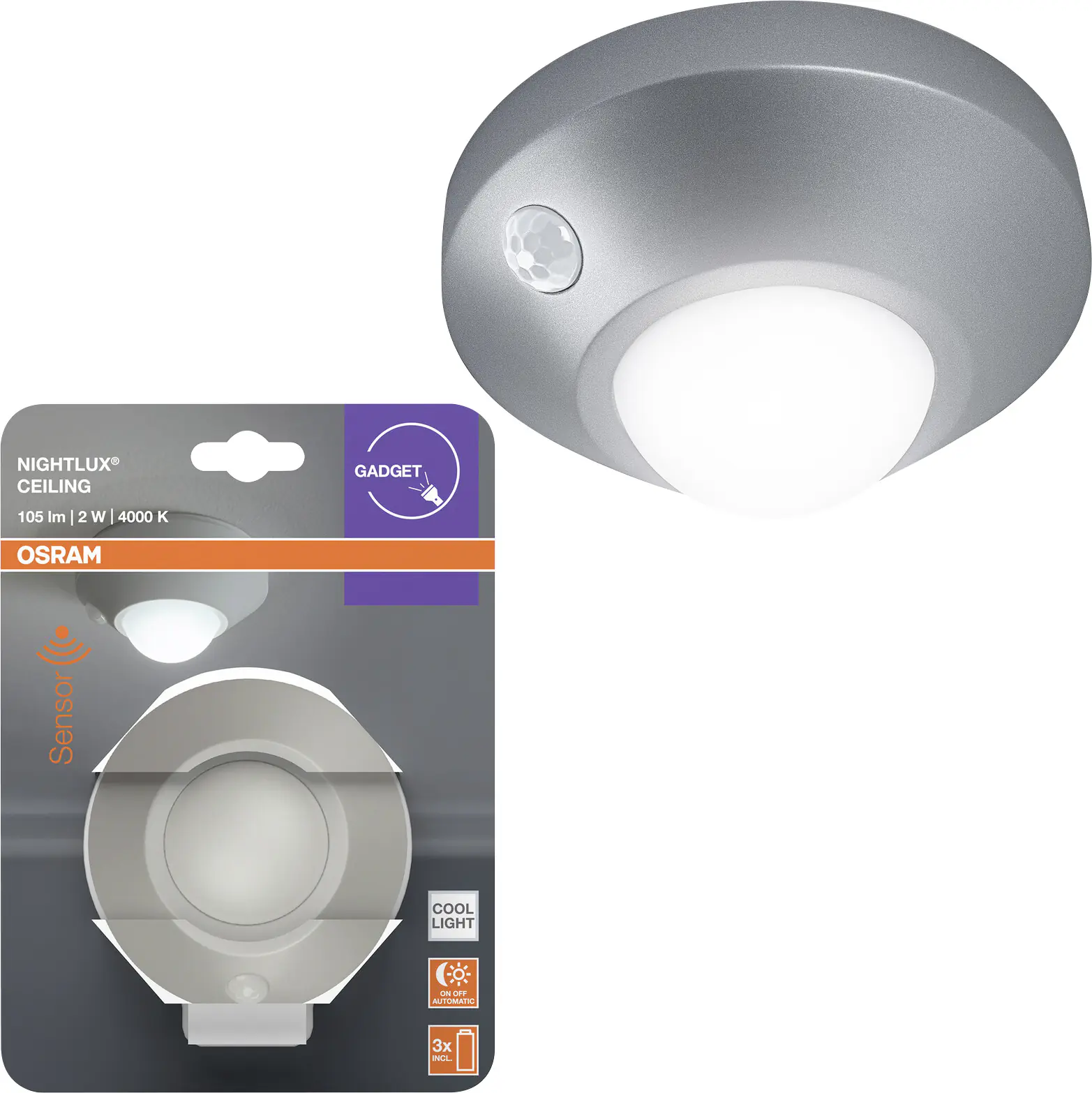 Osram LED-Nachtlicht Nightlux Ceiling mit Licht- & Bewegungssensor 8,6 cm kaltweiß silber