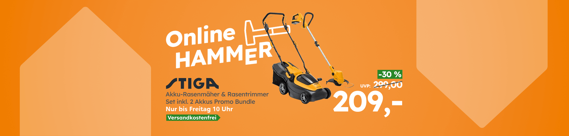 Online Hammer Stiga Akku Rasenmäher und Rasentrimmer Set mit zwei Akkus jetzt für 209 Euro statt 299 Euro nur bis Freitag 10 Uhr versandkostenfrei.