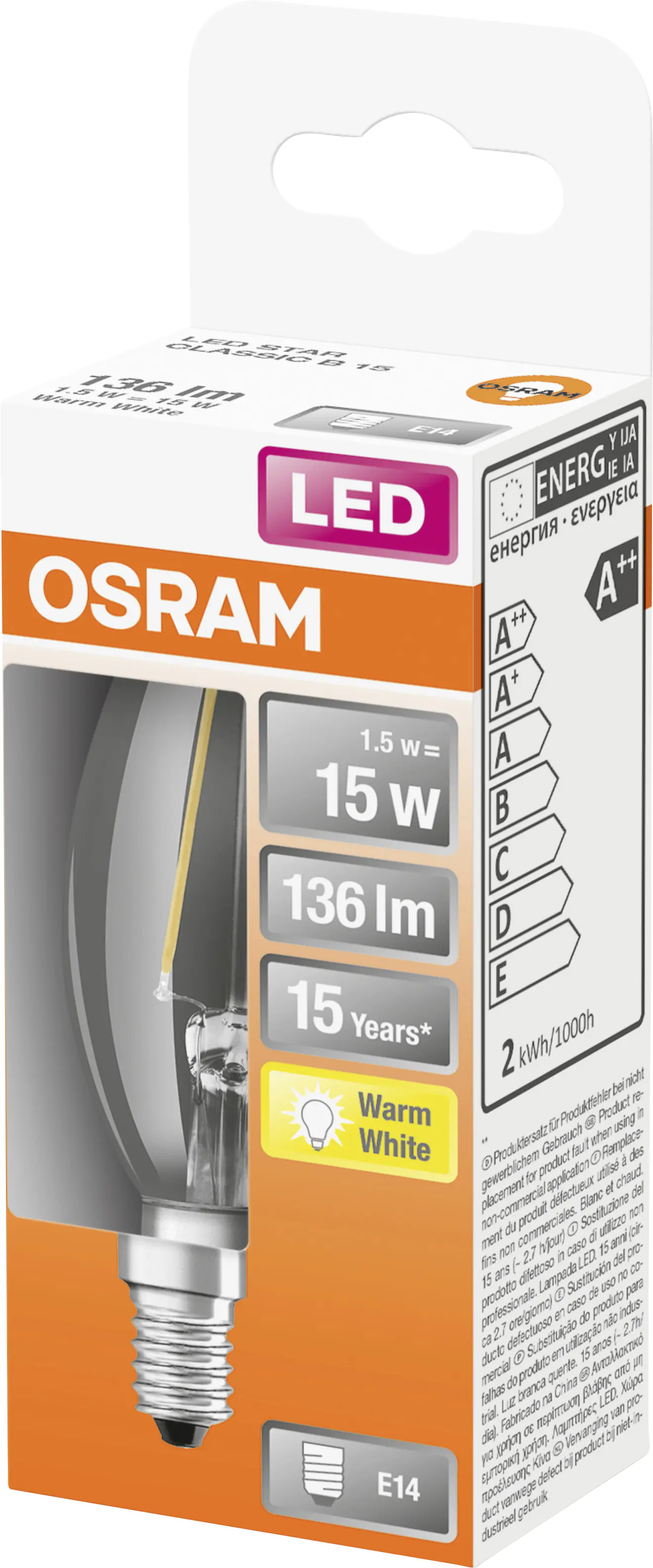 Osram LED Leuchtmittel Classic B40 E14 1,5W warmweiß, klar