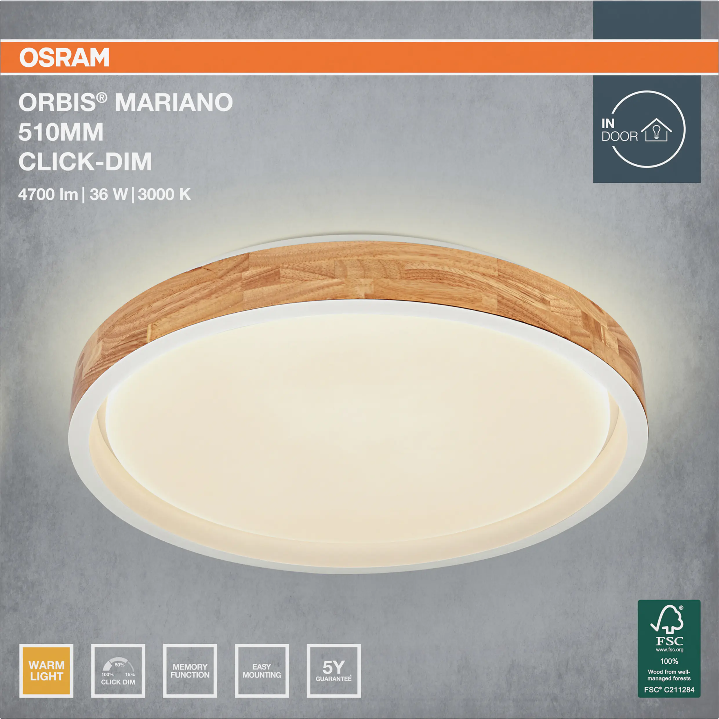 Osram LED-Deckenleuchte Orbis Mariano Ø51 cm 36 W Holzdekor weiß dimmbar