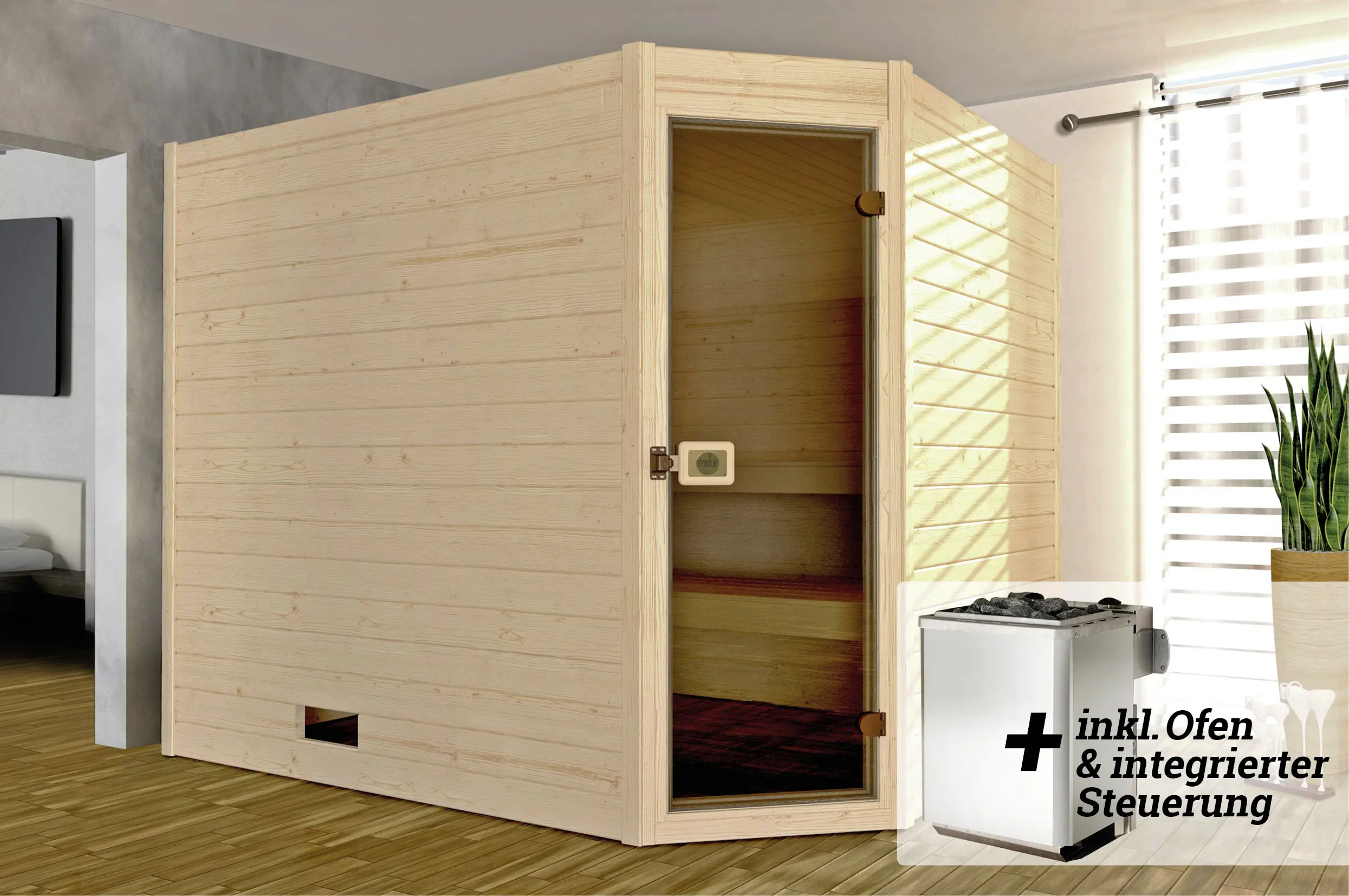 Weka Massivholz-Sauna Valida Eck Gr. 4 Sparset 9,0 kw OS