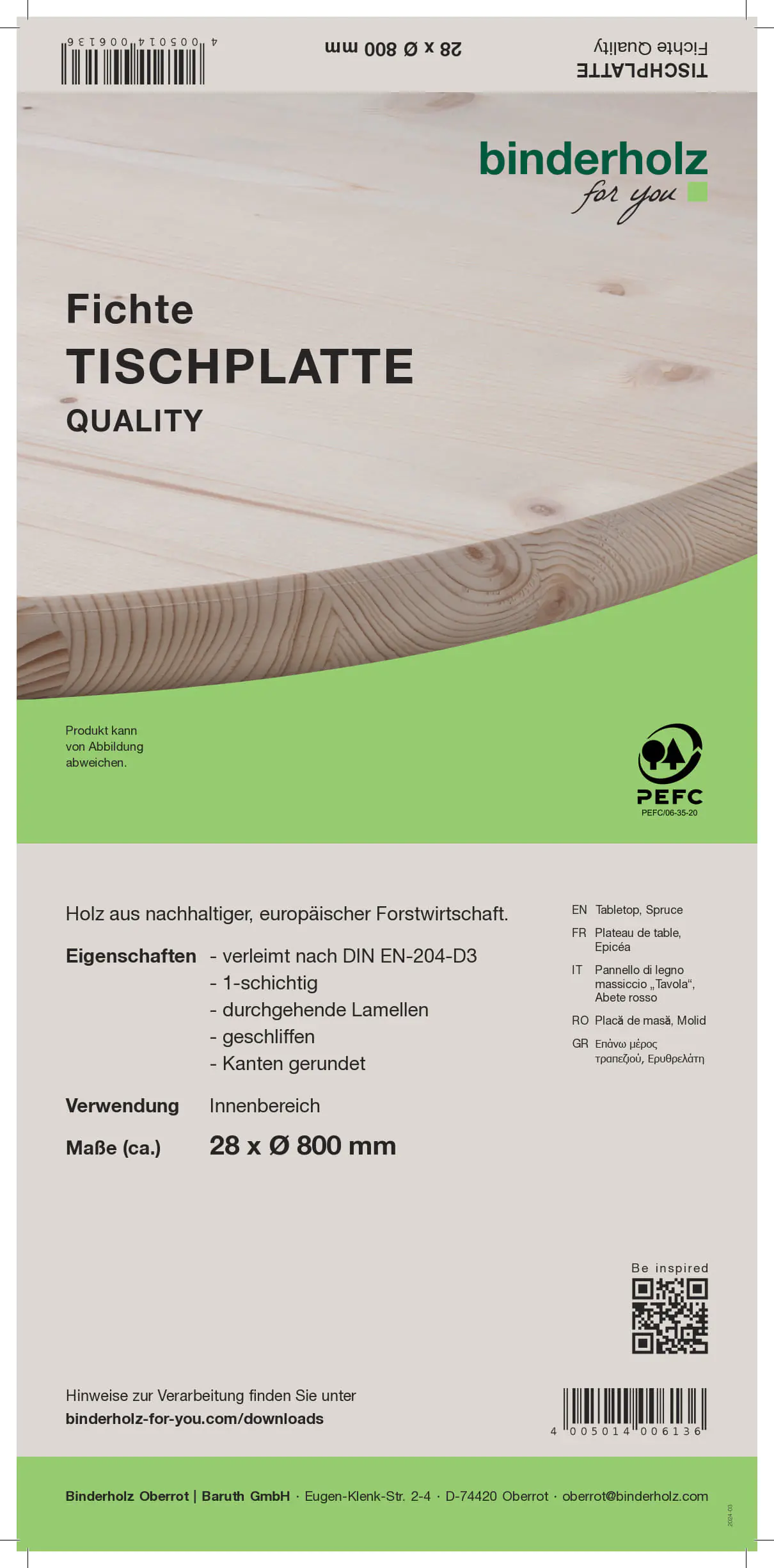 Tischplatte Fichte/Tanne rund Ø 80 cm