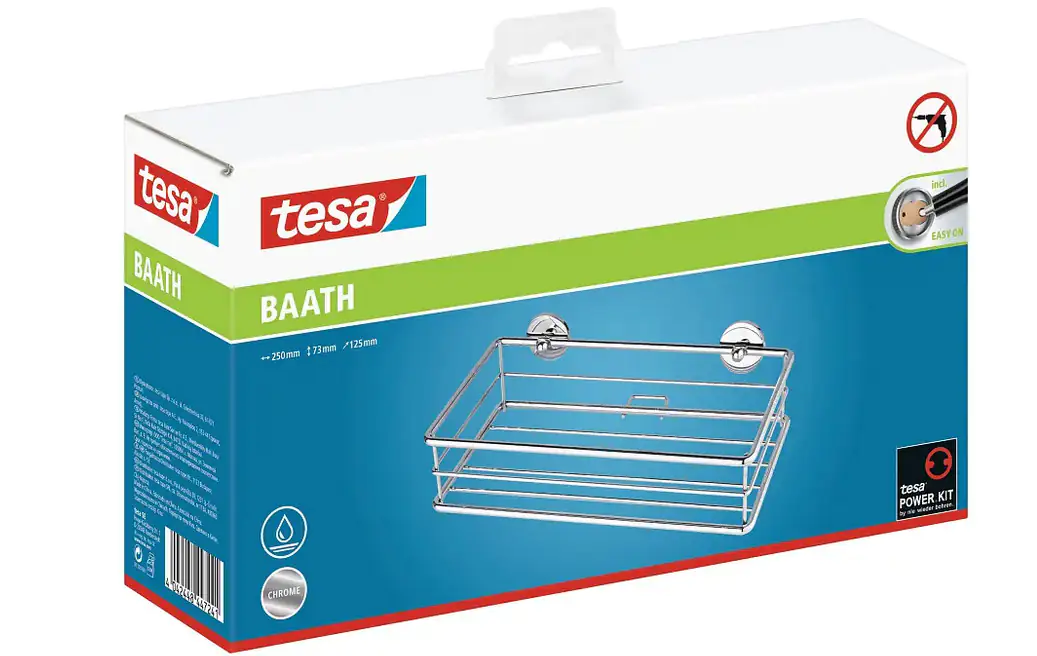 Tesa Ablagekorb BAATH+ einstöckig, 4-eckig, verchromt, inkl. Klebelösung Tesa Ablagekorb BAATH+ einstöckig, 4-eckig, verchromt, inkl. Klebelösung
