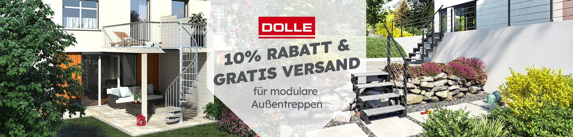 DOLLE: 10% Rabatt & gratis Versand für modulare Außentreppen, gezeigt an Hausfassade mit Balkon und zwei Außentreppen.