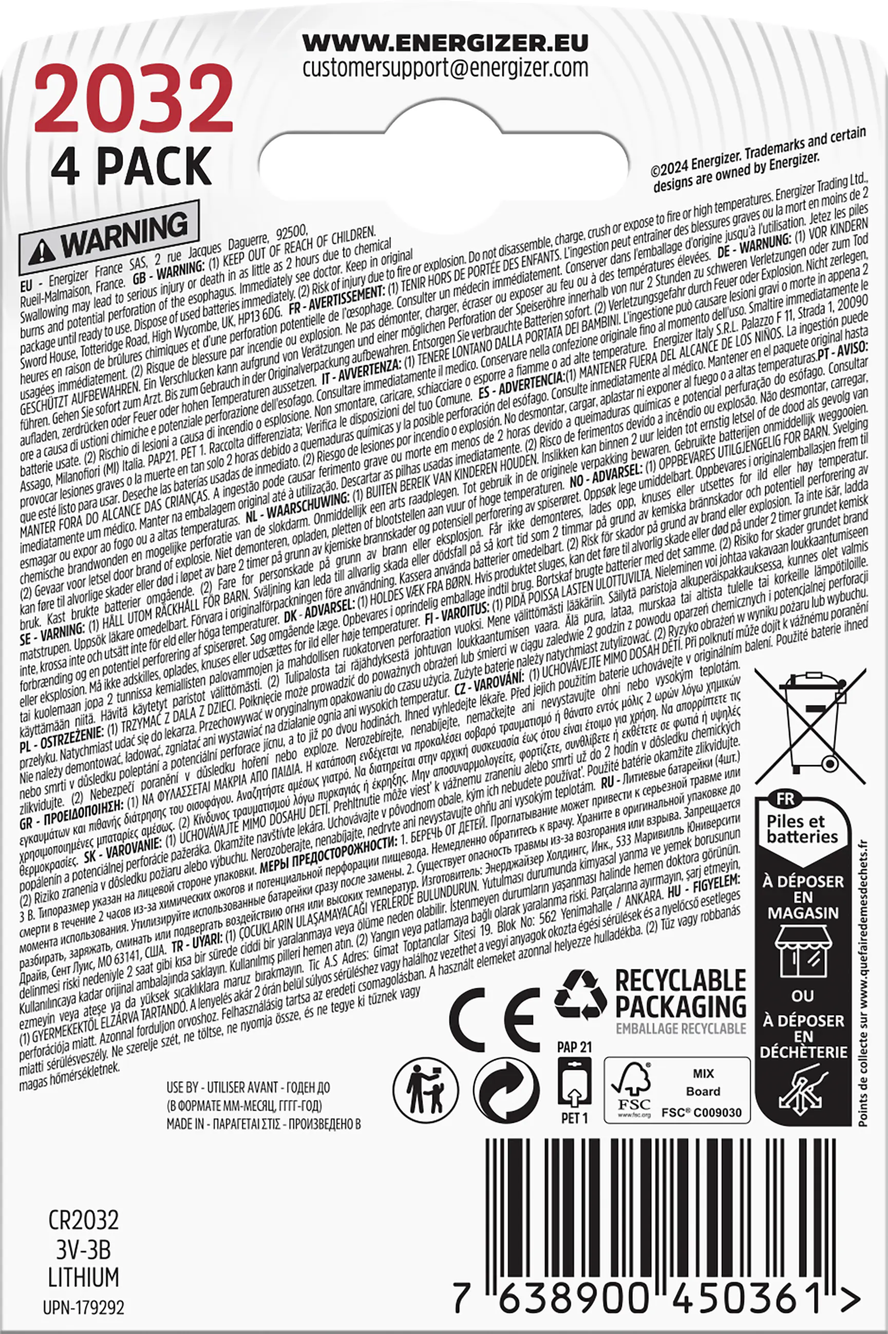 Energizer Knopfzelle CR 2032 Lithium 4er Pack