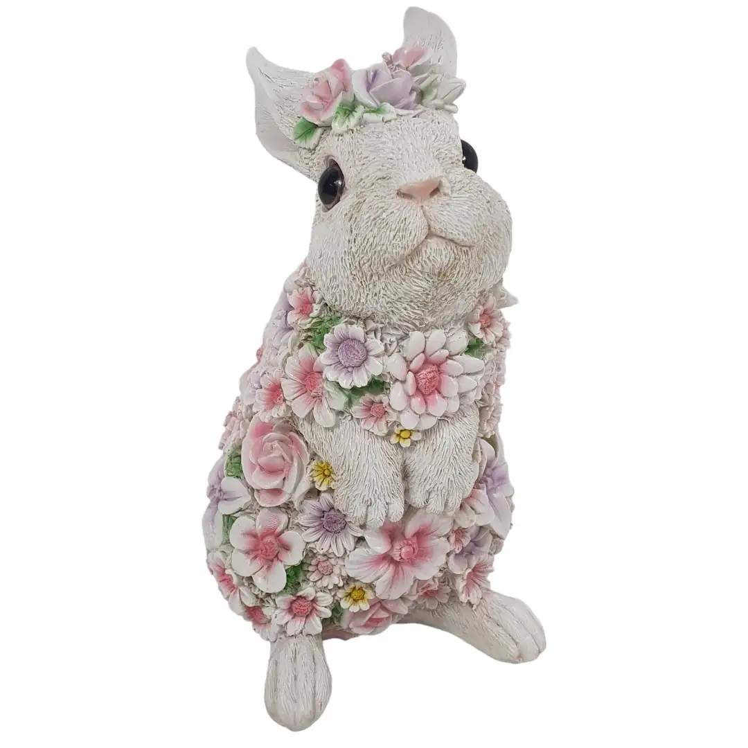 Dekofigur Hase mit Blumen 25 x 13 x 16 cm weiß rosa lila
