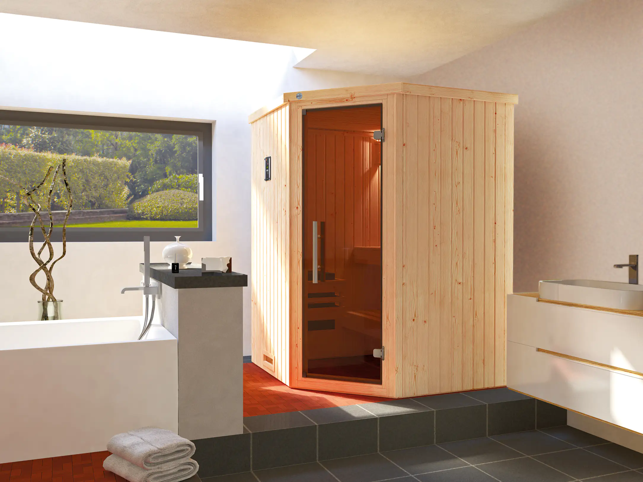 4004581456016 Weka Element-Ecksauna Kiruna 1 mit Glastür und Kompakt-Saunaofen