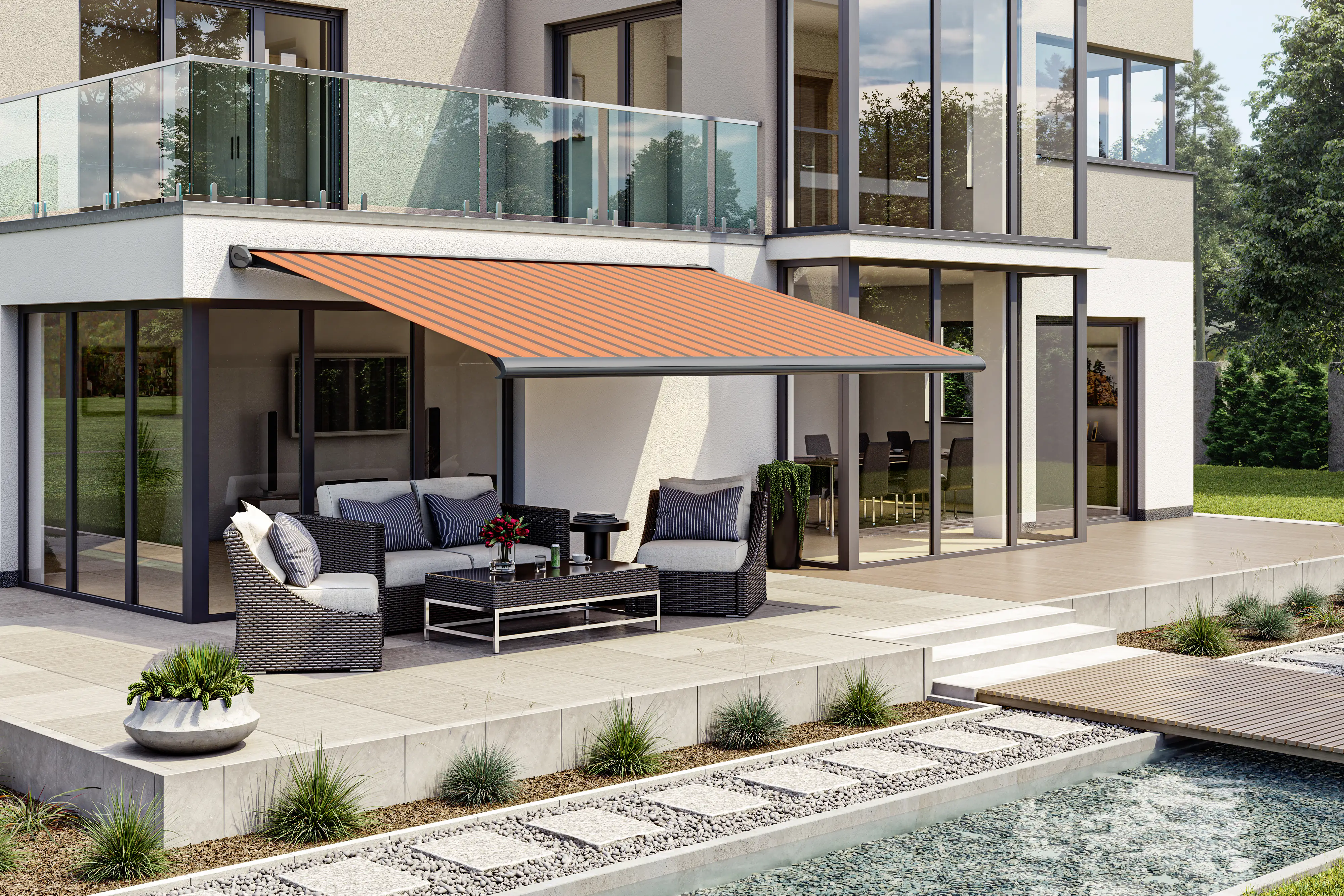 Kassettenmarkise S-Compact orange-braun gestreift inkl. Motor, Aufputzschalter