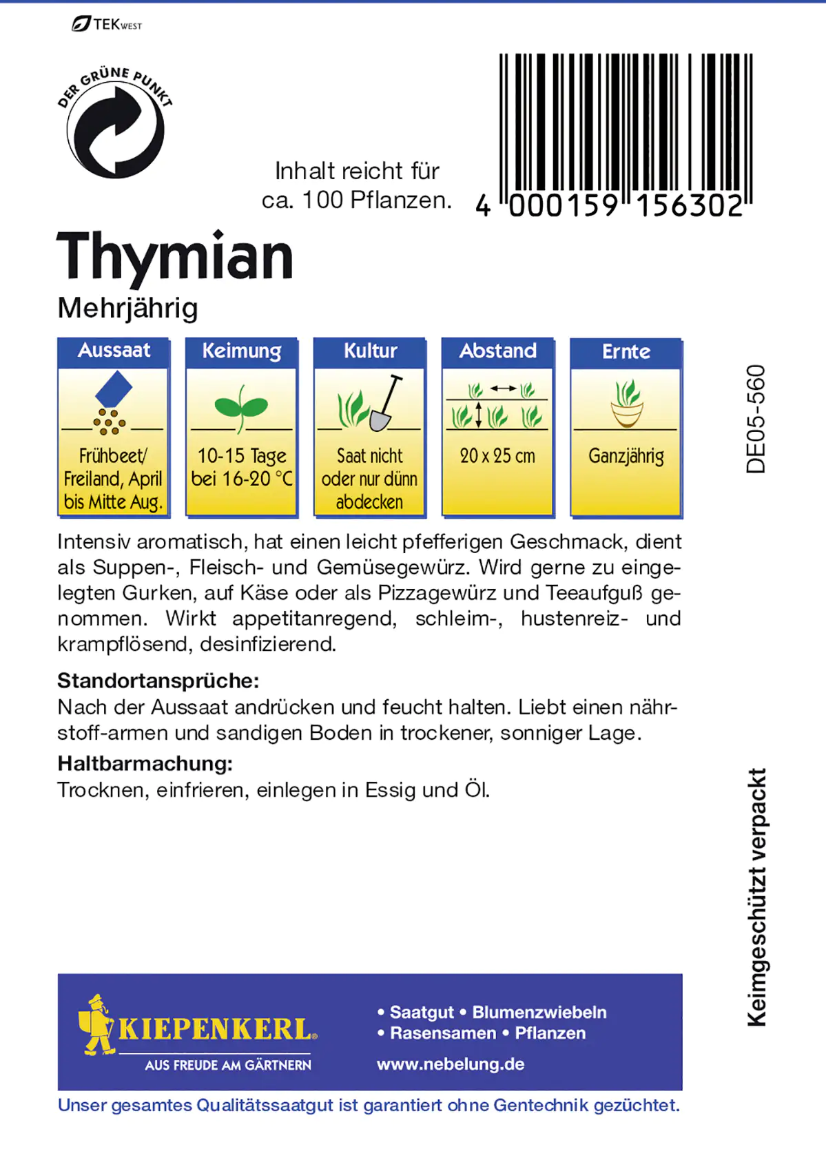 Kiepenkerl Thymian Thymian mehrjährig Thymus vulgaris, Inhalt: ca. 100 Pflanzen Kiepenkerl Thymian Thymian mehrjährig Thymus vulgaris, Inhalt: ca. 100 Pflanzen