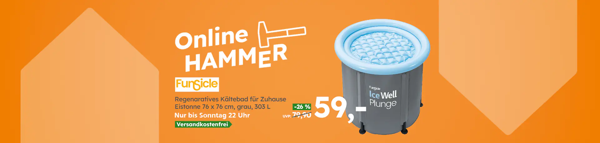 Online HAMMER: FunSicle Eistonne 76 x 76 cm, grau, 303 L; graues Kältebad mit blauem Ring, 59,-, versandkostenfrei.