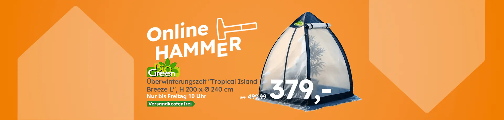 Bio Green Überwinterungszelt Tropical Island Breeze L, H 200 × Ø 240 cm, für 379 €, versandkostenfrei bis Freitag 10 Uhr.