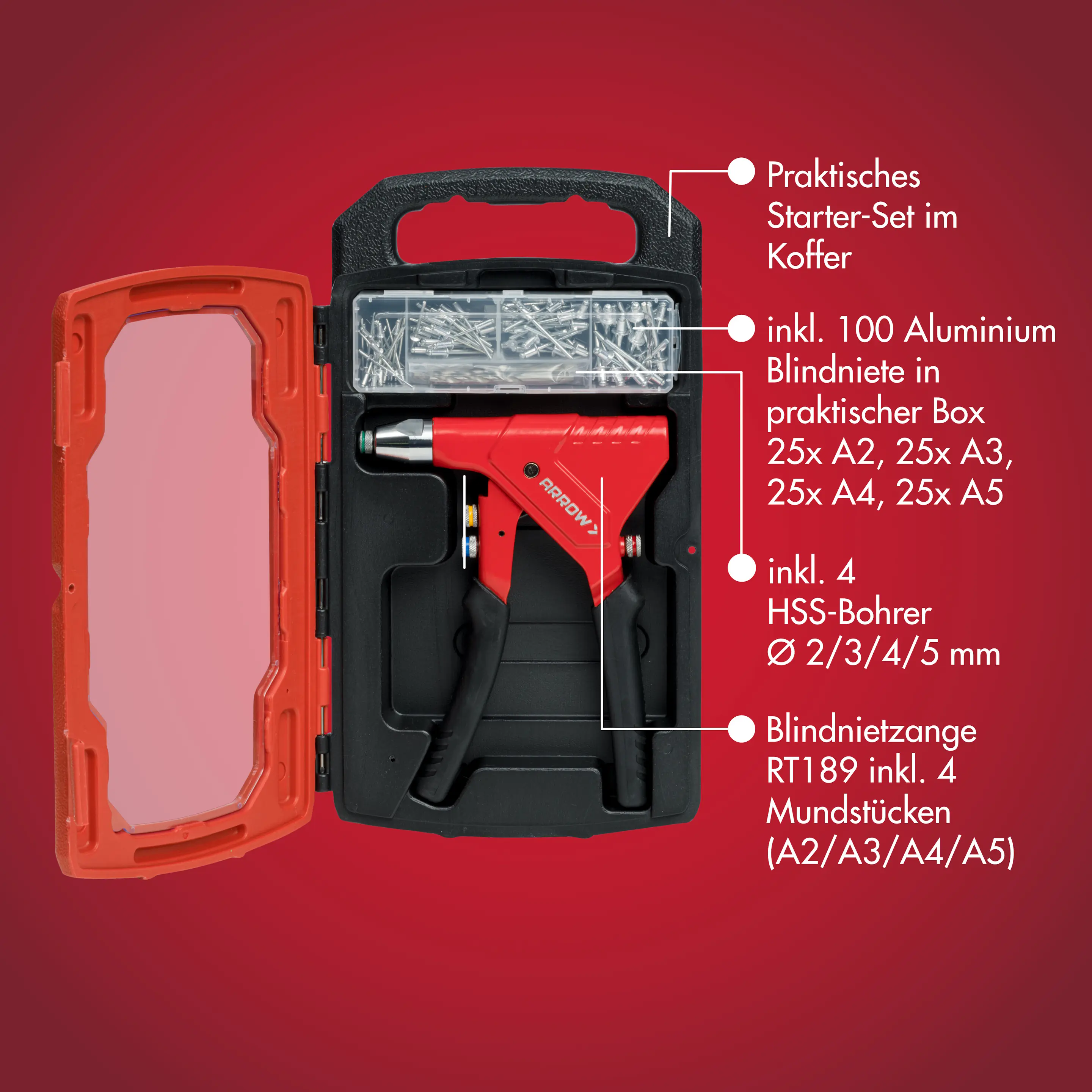 Arrow Blindnietzange RT189 Set 20,5 cm inkl. 100 Nieten, 4 HSS-Bohrer & 4 passende Mundstücke