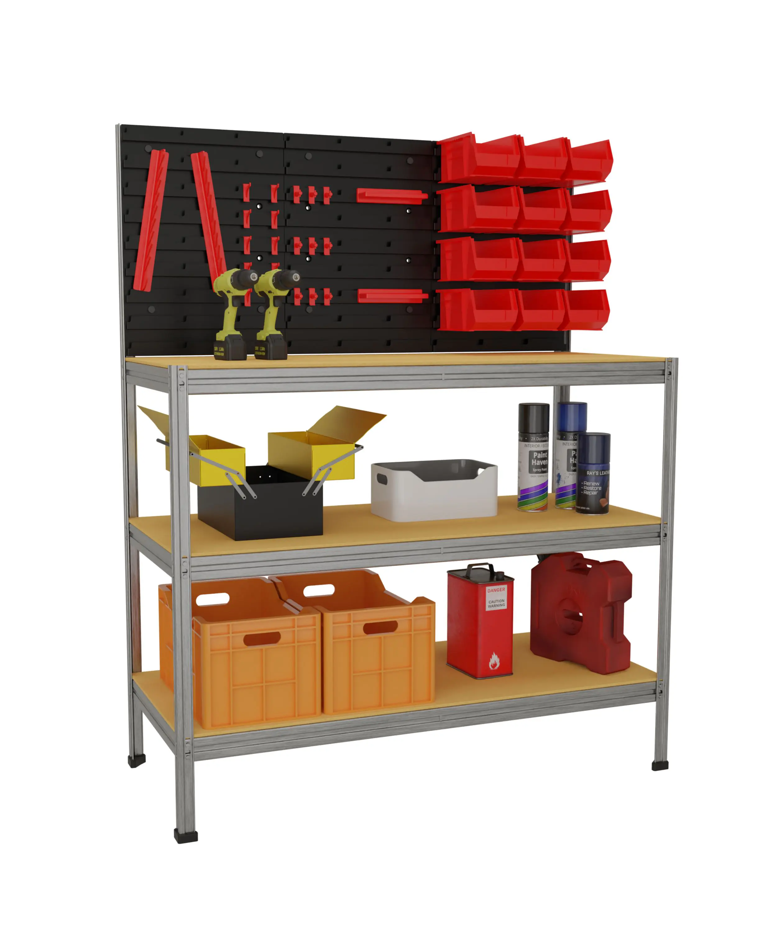 Werkstattregal inkl. Werkzeugwand & Kästen Stahl 132 x 104 cm 3 Holzböden 900 kg